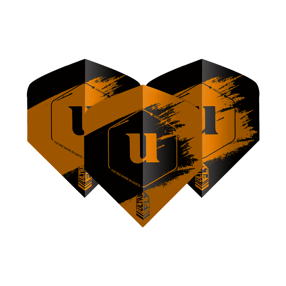 Vols Unicorn Ultrafly 100 Team Unicorn Big Wing - Orange Auf dem Bild sind drei Dartflights der Marke "Unicorn Ultrafly 100 Team Unicorn Big Wing" in Orange und Schwarz zu sehen. Die Flights haben ein auffälliges Design mit einem großen "u" in der Mitte.