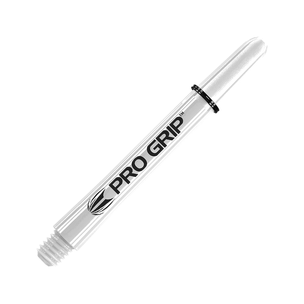 Tiges Target Pro Grip - 3 jeux - Blanc Dies ist ein weißer Pro Grip Dart-Schaft mit schwarzer Beschriftung. Er hat ein schlankes Design und ist mit einem Pro Grip Logo versehen.
