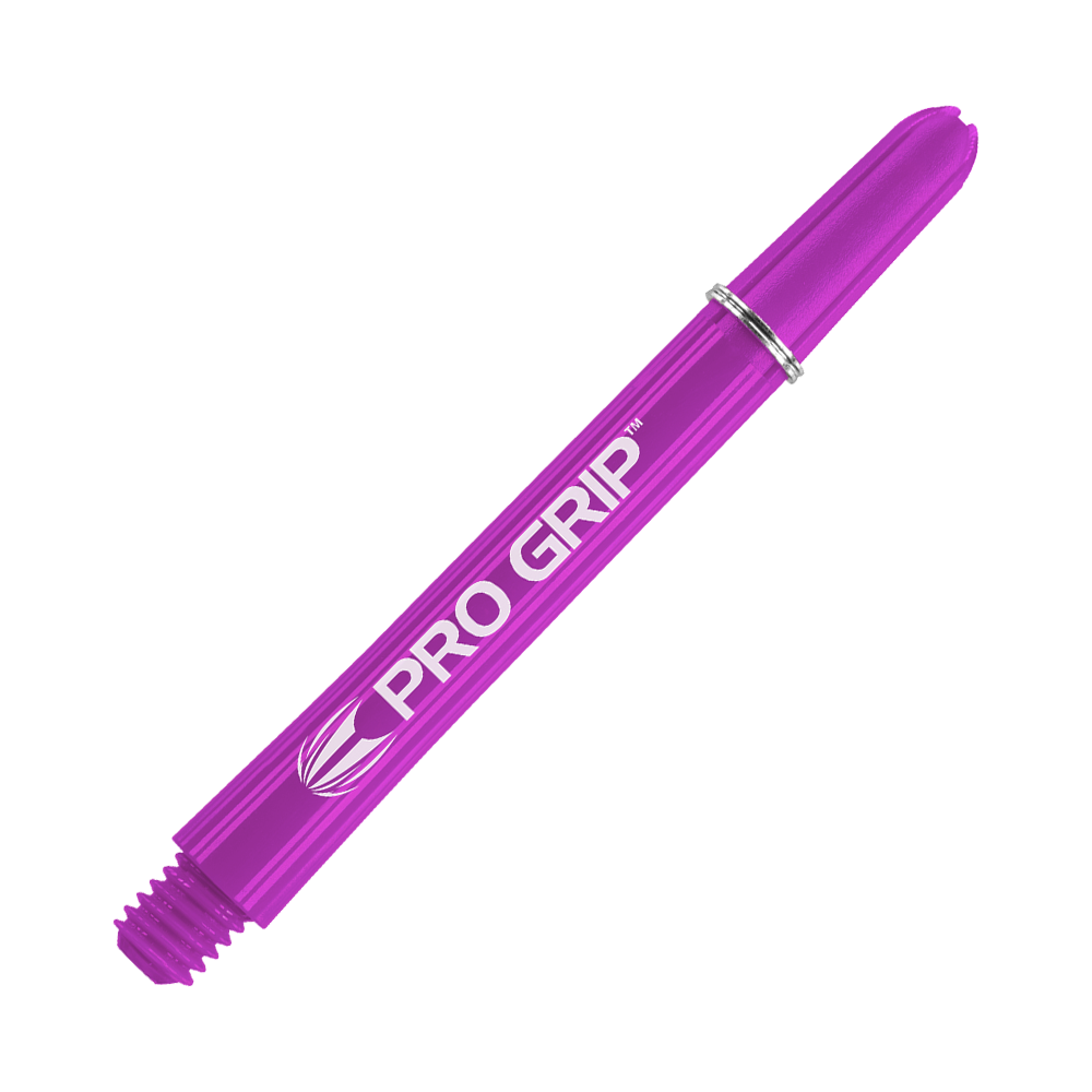 Tiges Target Pro Grip - 3 jeux - Violet Das Bild zeigt einen lilafarbenen Dart-Schaft mit der Aufschrift "Pro Grip". Der Schaft ist 48 mm lang und hat ein glänzendes, glattes Design.
