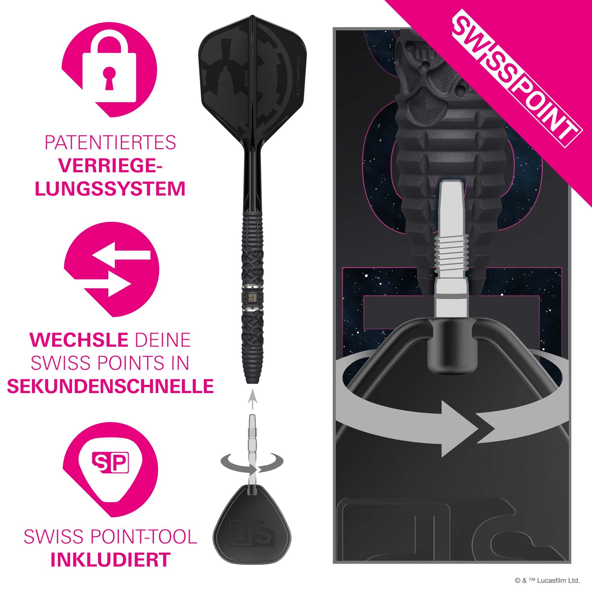 Fléchettes en acier Target Star Wars Darth Vader 95 Swiss Point Dieses Bild zeigt die Target Star Wars Darth Vader 95 Swiss Point Steeldarts. Die Darts sind im Star Wars Design mit Darth Vader-Motiv gestaltet.