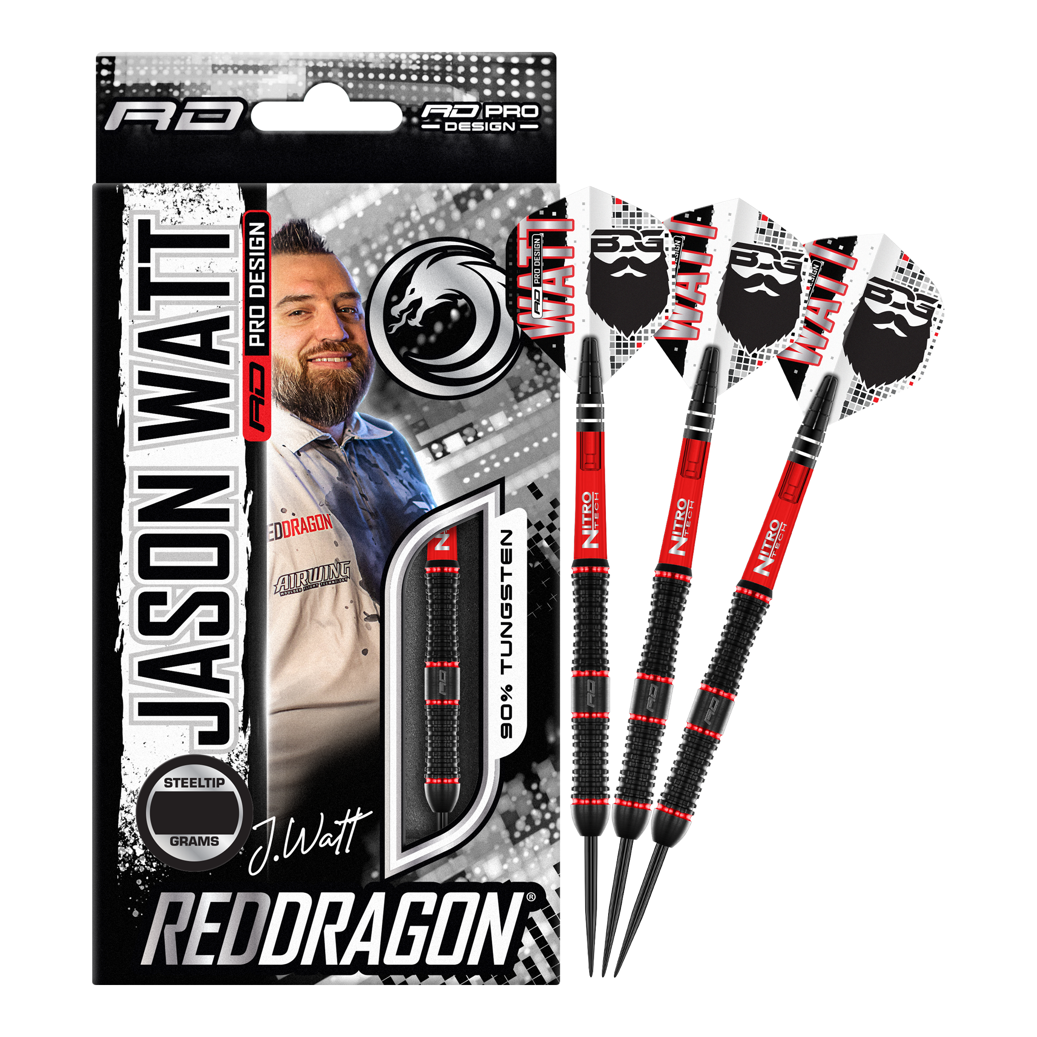 Fléchettes en acier Red Dragon Jason Watt - 22 g Das Bild zeigt das Produkt "Red Dragon Jason Watt Steeldarts - 22g" in seiner Verpackung. Rechts daneben sind drei Steeldarts mit schwarzem und rotem Design zu sehen.