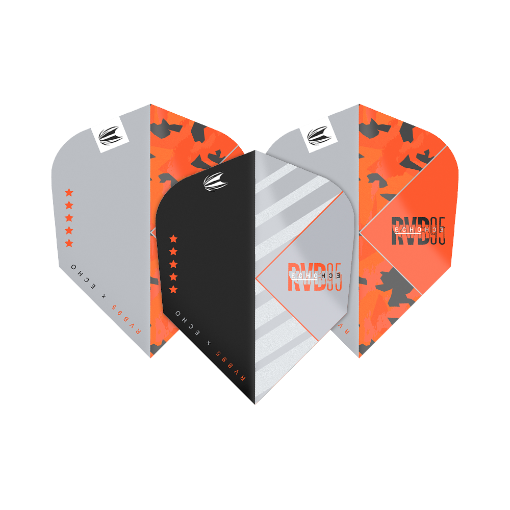 TG86_336730_Target_ProUltra_RvB95_X_Echo_Ten-X_Flights_1GXptZNRZvW420 Das Bild zeigt drei Dartflights des Produkts "Target Pro Ultra RvB95 X Echo Ten-X Flights" in verschiedenen Designs. Die Flights sind in den Farben Schwarz, Grau und Orange gestaltet und tragen jeweils das RvB95-Logo.