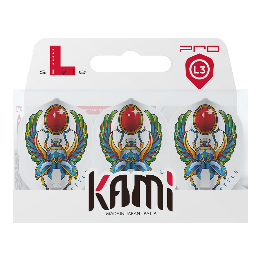 Vols L-Style Anastasia Dobromyslova V3 Blanc L3KAMI Das Bild zeigt eine Packung L-Style Anastasia Dobromyslova V3 White L3KAMI Flights. Die Flights sind weiß und mit einem bunten Skarabäus-Motiv bedruckt.