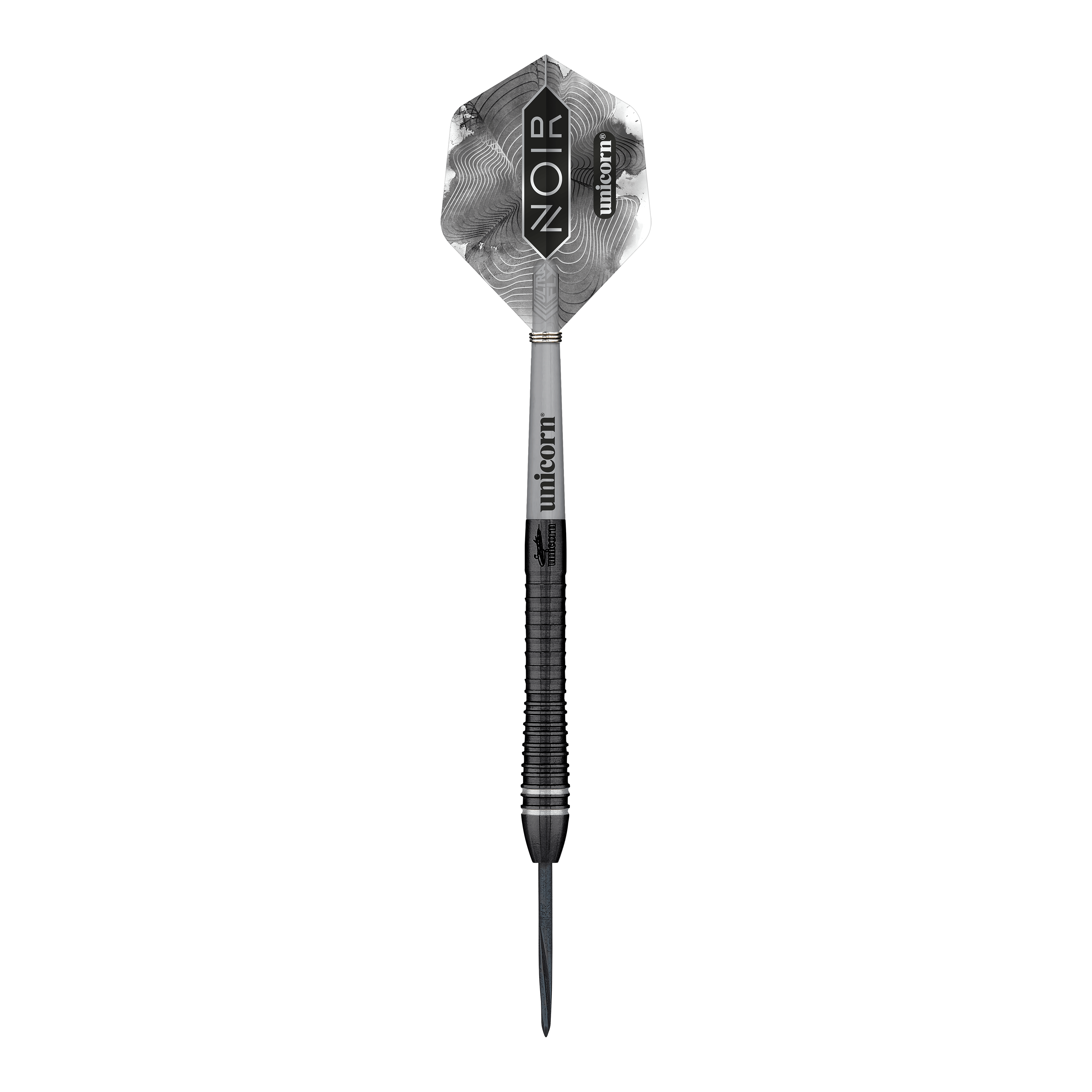 Gary Anderson, champion du monde de la licorne, fléchettes Steeldarts Noir Phase 6 Das Bild zeigt einen Steeldart der Marke Unicorn, Modell "World Champion Gary Anderson Noir Phase 6". Der Dart ist überwiegend schwarz und silber und trägt die Aufschrift "NOIR" auf dem Flight.