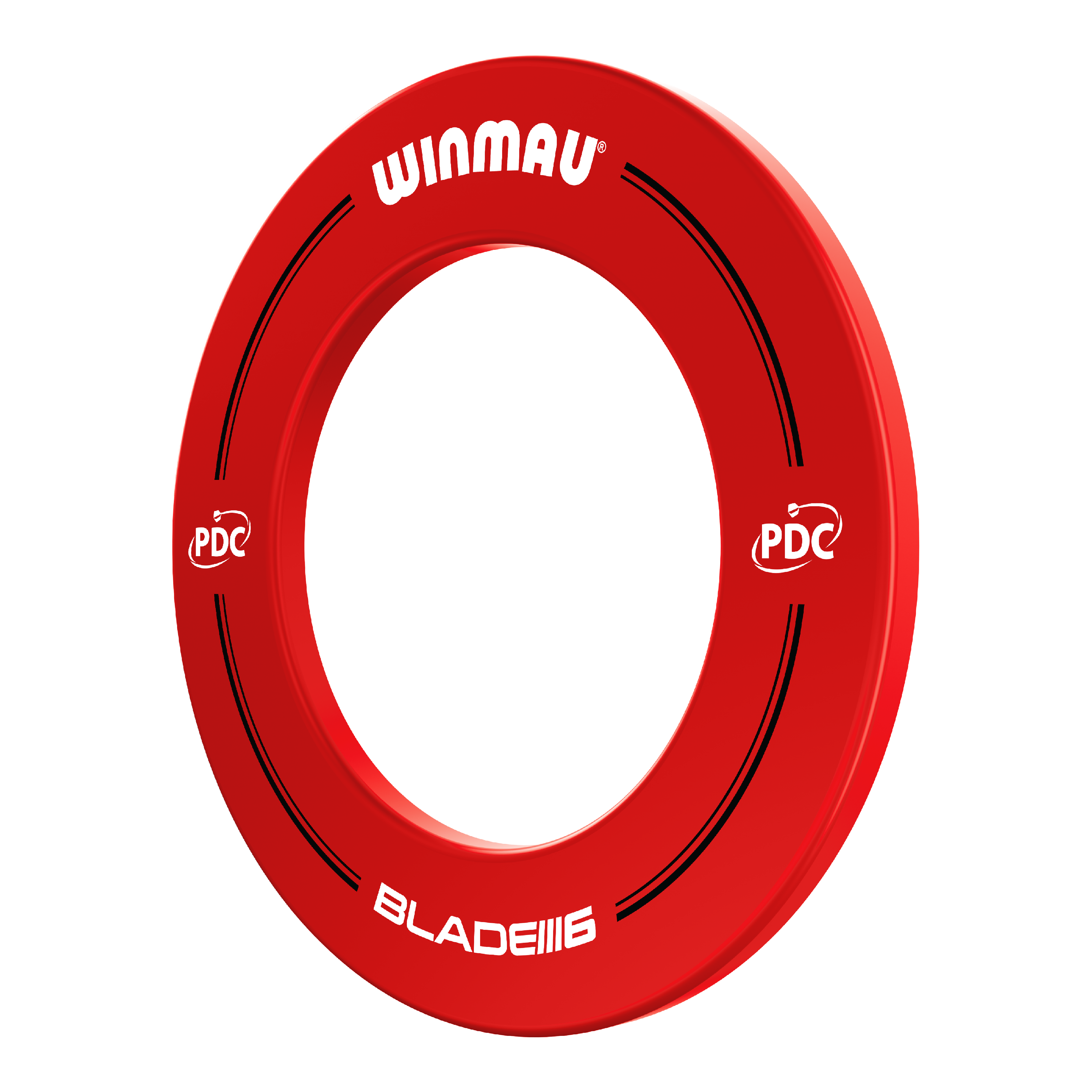 Cadre de fléchettes Winmau PDC - Rouge Das Bild zeigt einen roten Winmau PDC Dartboard Surround. Auf dem Ring stehen die Wörter "Winmau", "PDC" und "Blade 6".