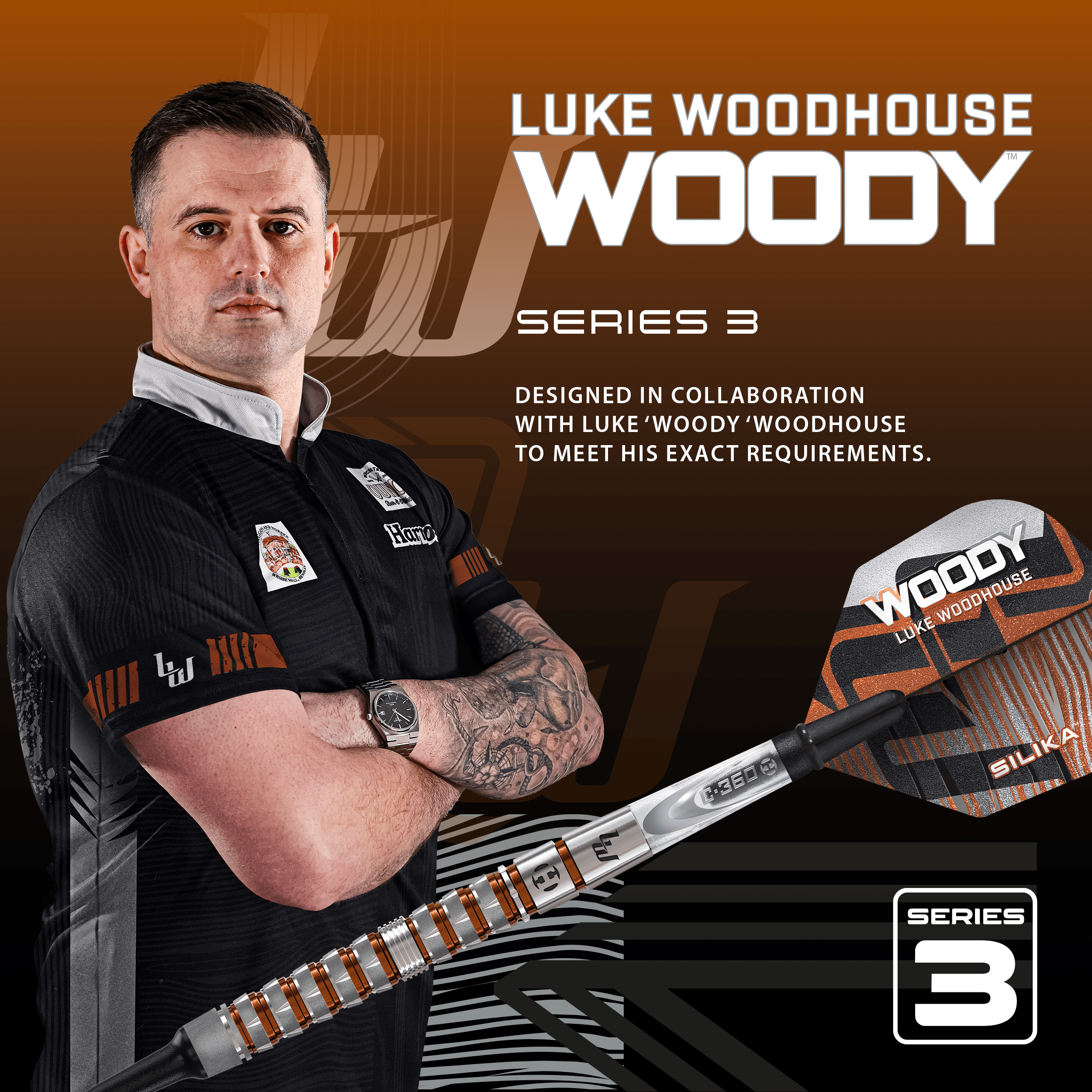 Fléchettes souples Luke Woodhouse série 3 de Harrow - 18 g Harrows Luke Woodhouse Series 3 Softdarts - 18g ist auf dem Bild zu sehen. Diese Softdarts wiegen 18 Gramm.