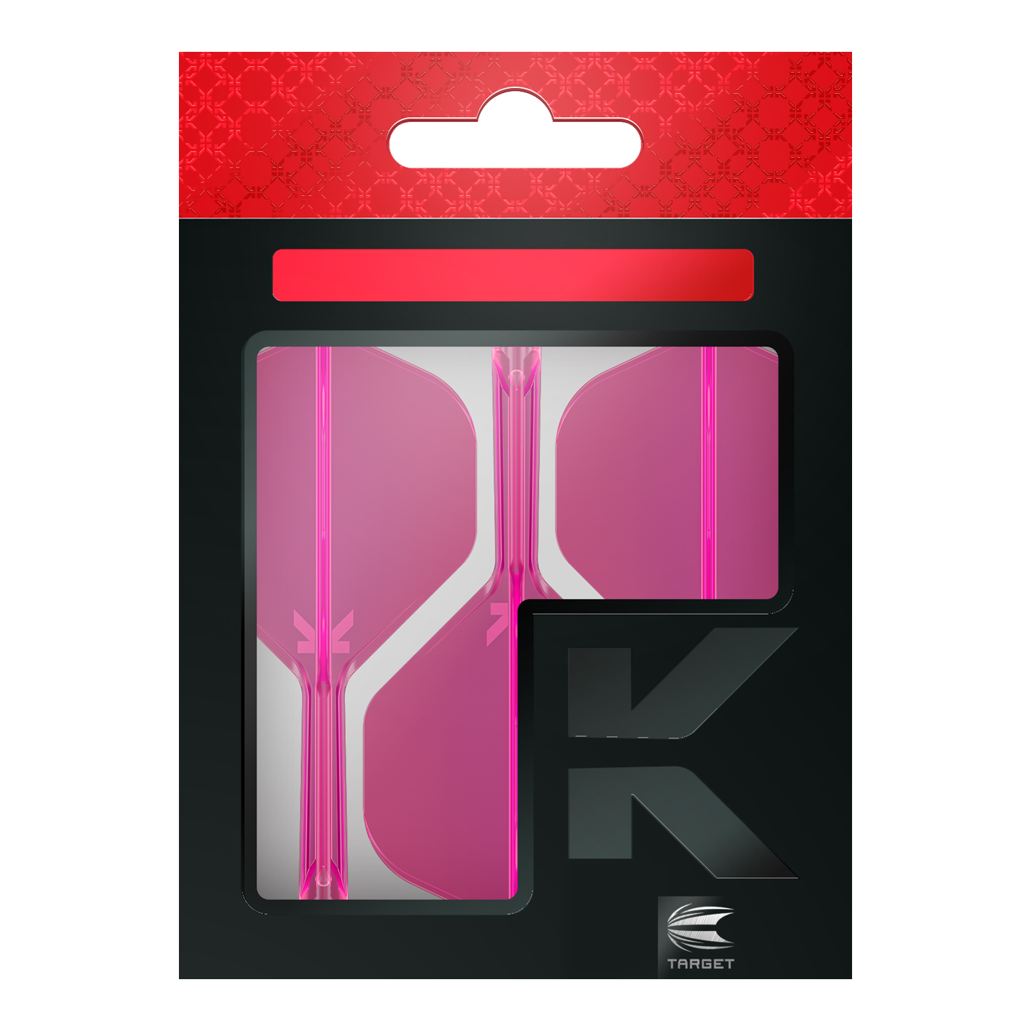Système de vol standard Target K-Flex No2 - Rose fluo Das Bild zeigt eine Packung mit pinkfarbenen Dart-Flights der Marke Target. Die Verpackung ist überwiegend schwarz mit einem roten oberen Abschnitt.