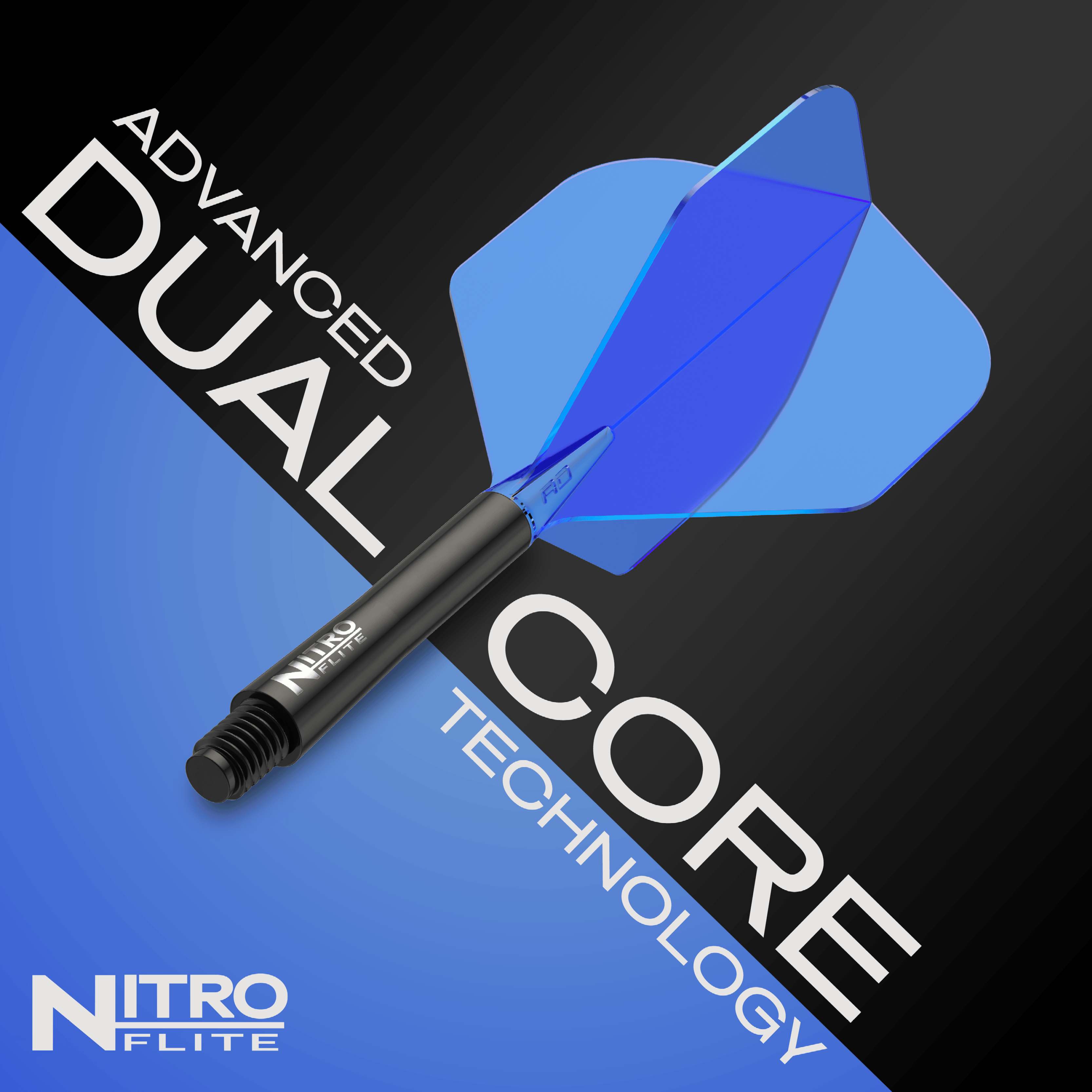 Red Dragon Nitroflite - Ailettes noires bleues n° 2 Das Bild zeigt ein Dart mit einem schwarzen Schaft und blauen Flights der Marke Nitroflite. Es hebt die fortschrittliche „Dual Core“-Technologie hervor.