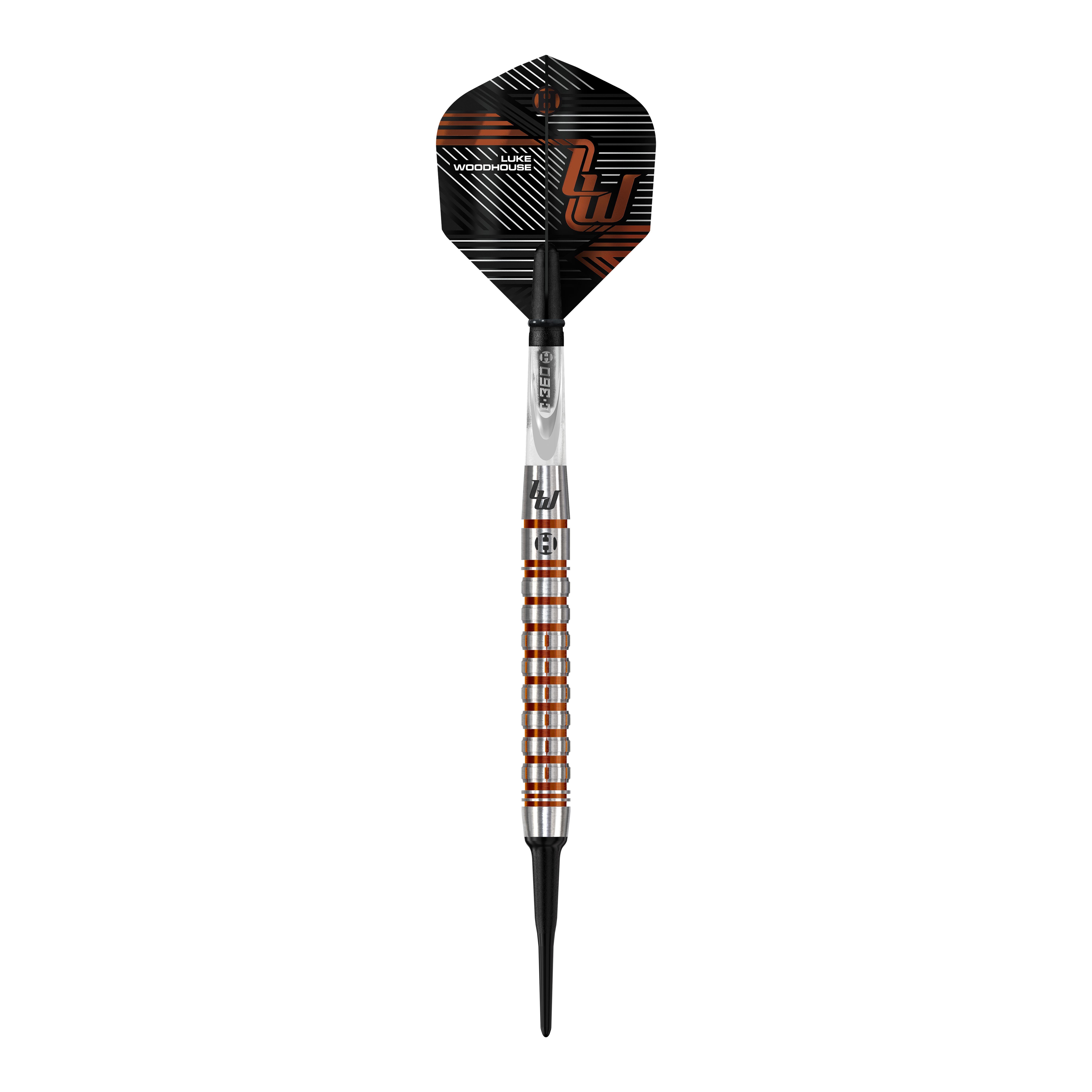 Fléchettes souples Harrow's Luke Woodhouse série 2 - 18 g Das Bild zeigt den Harrows Luke Woodhouse Series 2 Softdart mit einem Gewicht von 18g. Der Dartpfeil hat ein modernes, silber-orangenes Design mit schwarzen Akzenten.