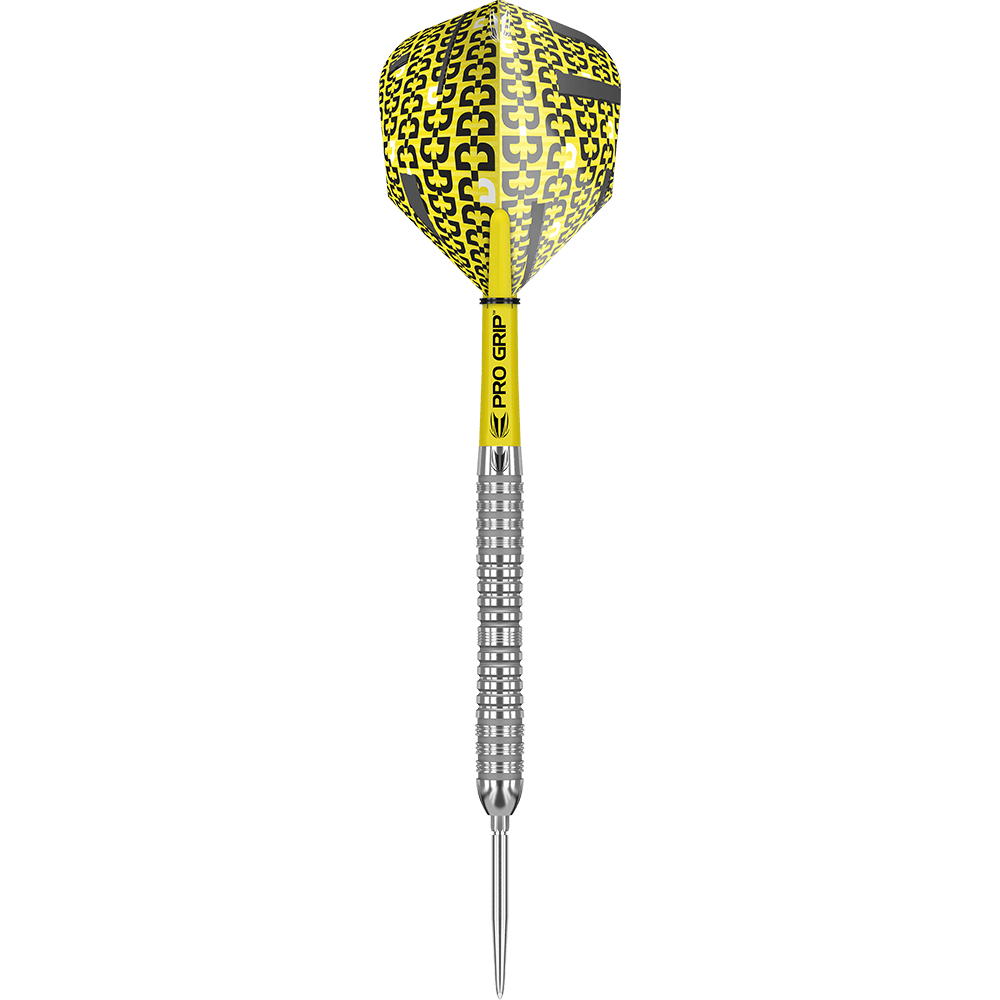 190060_Target_Bolide_04_Swiss_Point_Steeldarts_1LCLvBZnjl5NJI Das Bild zeigt einen Target Bolide 04 Swiss Point Steeldart. Der Dart hat einen gelb-schwarzen Flight und einen silbernen, geriffelten Schaft.