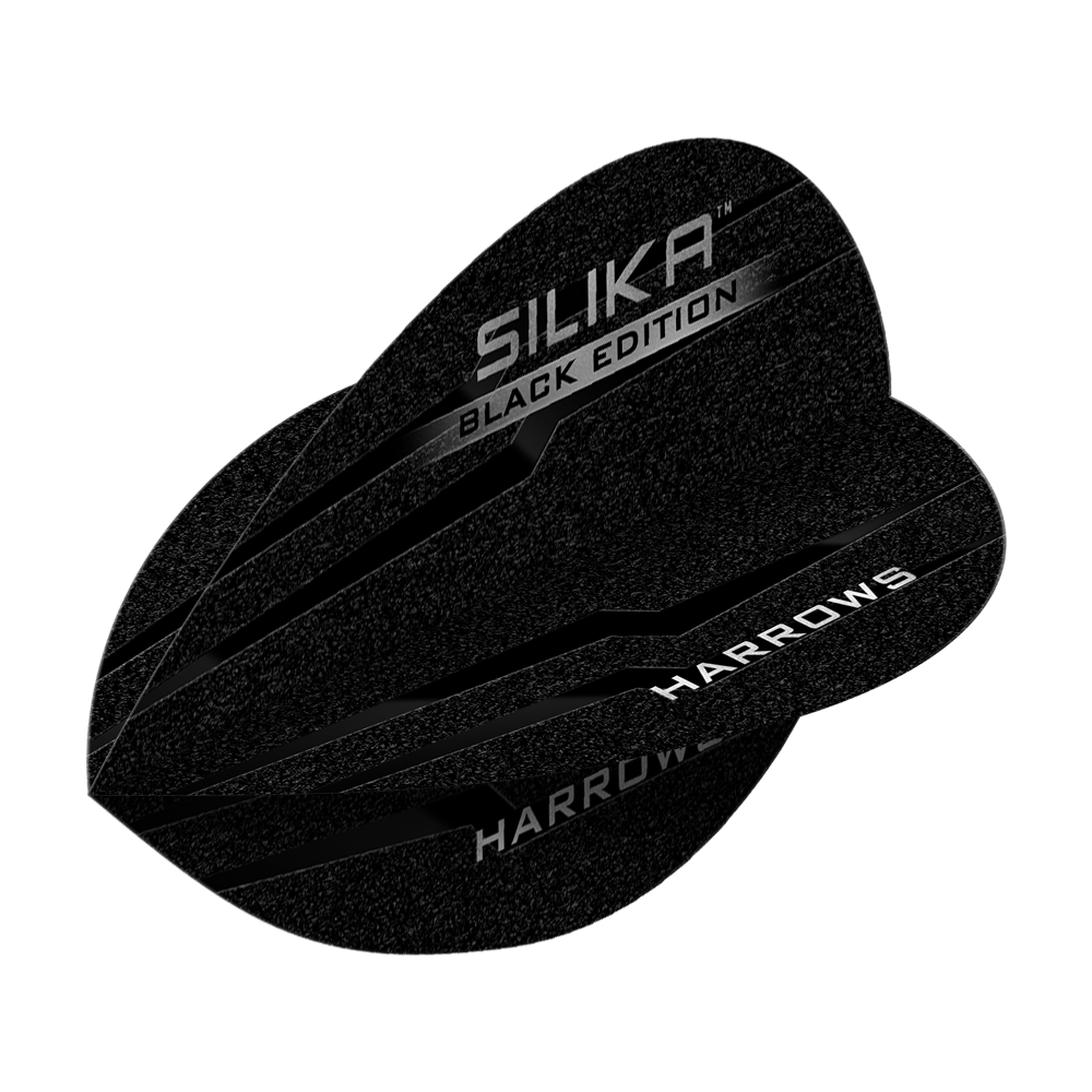 Volets de poires Harrow's Silica Black Edition Das Bild zeigt die "Harrows Silika Black-Edition Pear Flights" in schwarzem Design. Die Flugblätter sind mit silbernen Schriftzügen verziert.