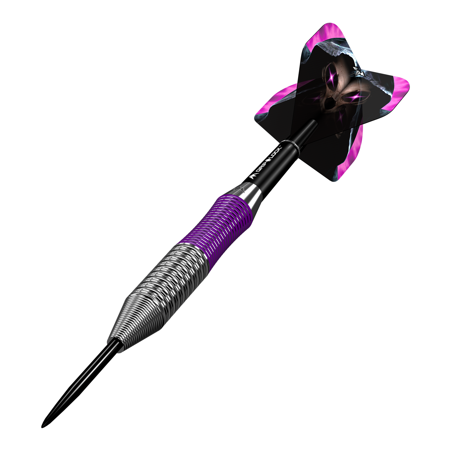 Fléchettes Mission Phantom en laiton et acier - 22 g Dies ist ein Mission Phantom Brass Steeldart mit einem Gewicht von 22 Gramm. Der Dart hat ein metallisches Griffstück mit lila Akzenten und einen auffälligen Flight mit einem schwarzen und lila Design.