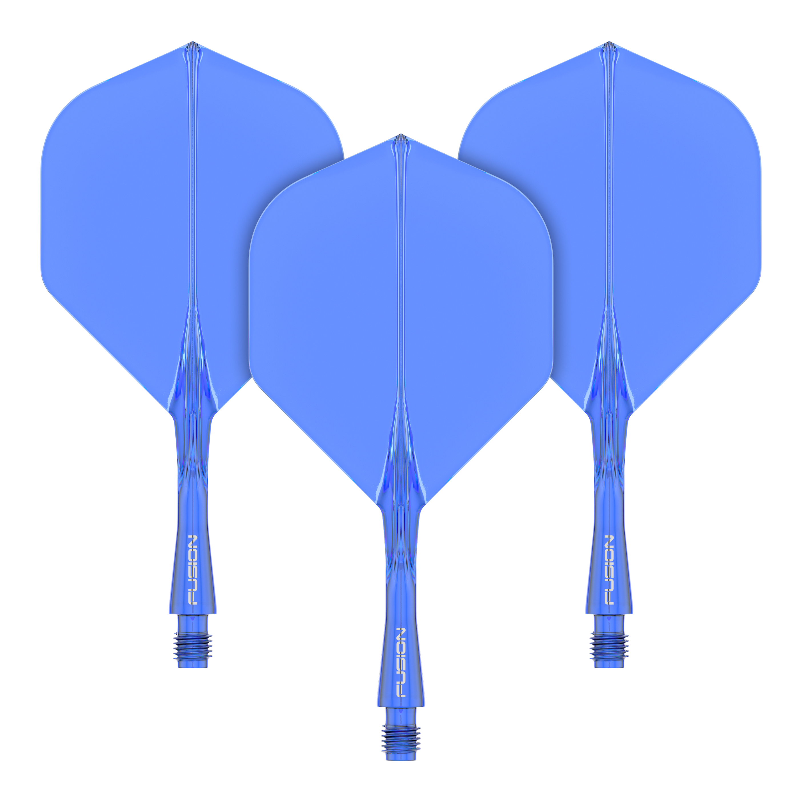 Système d'arbre de vol Winmau Fusion Standard Bleu Das Bild zeigt drei blaue Dart-Flights mit Schäften des Winmau Fusion Flight Shaft Systems. Sie sind in einer Reihe angeordnet und jeder Schaft ist 22 mm lang.