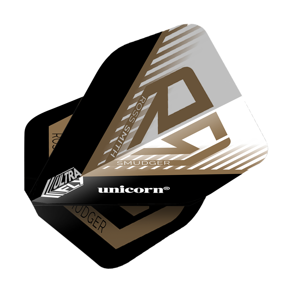 Volets Unicorn Ultrafly 100 Ross Smith Smudger AR1 Das Bild zeigt die Dartflights "Unicorn Ultrafly 100 Ross Smith Smudger AR1". Die Flights sind schwarz, weiß und gold gestaltet und tragen den Namen des Spielers sowie das Unicorn-Logo.