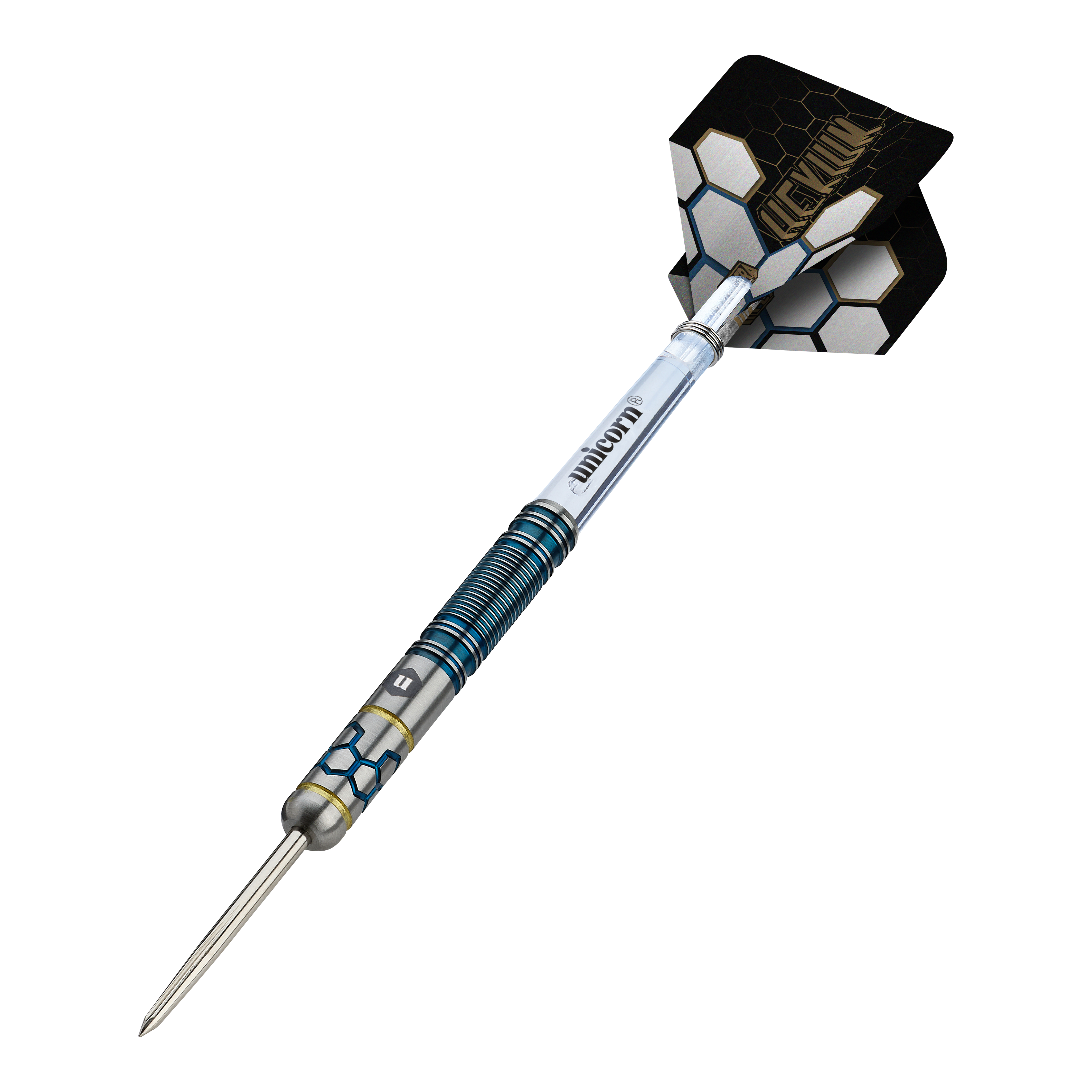 Fléchettes en acier Unicorn Hexium Style 02 bleues et dorées Das Foto zeigt die Unicorn Hexium Style 02 Blue & Gold Steeldarts. Es handelt sich um hochwertige Steeldarts in Blau und Gold.