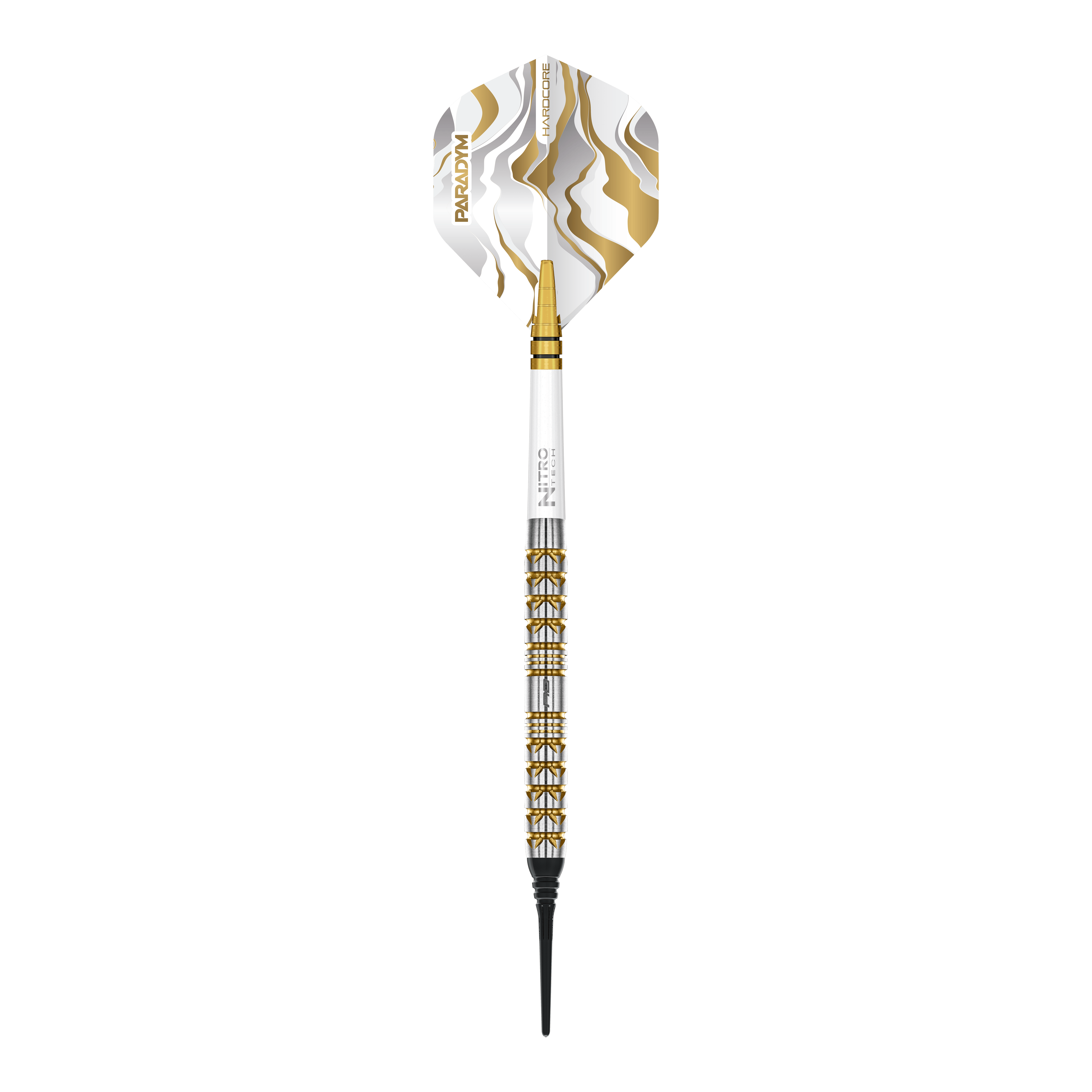 Das Bild zeigt die Red Dragon Paradym Gold Parallel Softdarts mit einem Gewicht von 20g. Die Darts sind goldfarben und haben ein modernes Design.