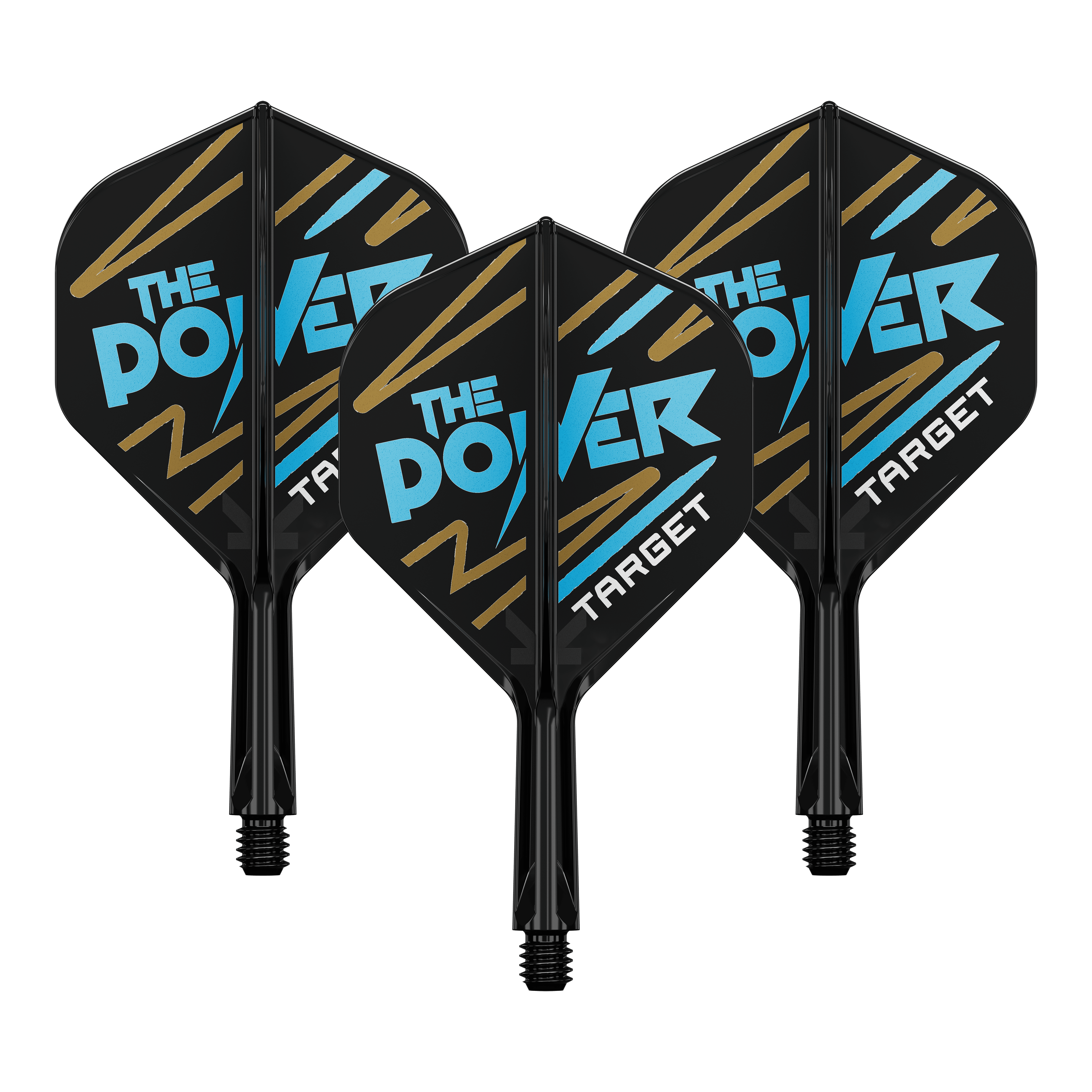 Système de flèche standard Target K-Flex Phil Taylor n° 2 Auf dem Bild sind drei Dartflights mit schwarzem Hintergrund zu sehen. Auf den Flights steht in blauer und weißer Schrift "THE POWER" und unten "TARGET".