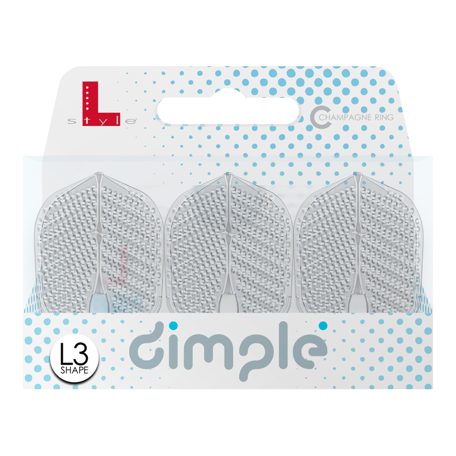 Vols de style L Dimple Champagne Forme L3PRO Das Bild zeigt eine Verpackung mit drei L-Style Flights Dimple im L3PRO Shape. Die Verpackung ist weiß mit blauen Punkten und trägt den Schriftzug "dimple".