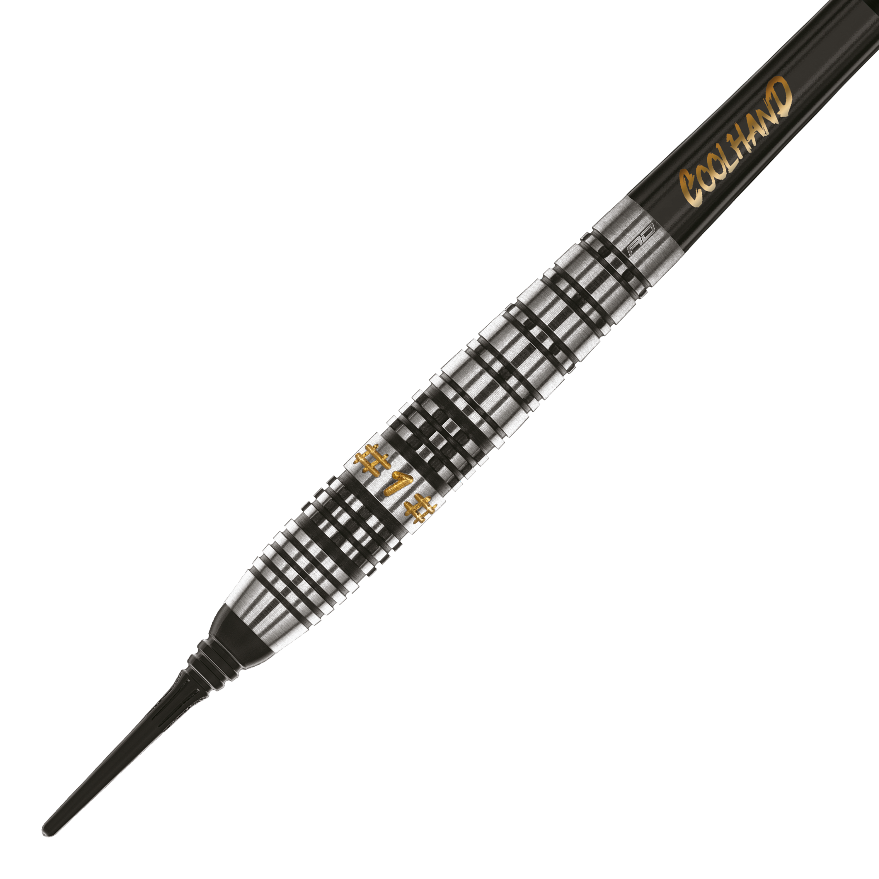 Fléchettes souples Red Dragon Luke Humphries Prestige - 20 g Das Bild zeigt einen Softdart namens "Red Dragon Luke Humphries Prestige Softdarts - 20g". Der Dart hat ein silber-schwarzes, geriffeltes Design mit goldener Schrift.