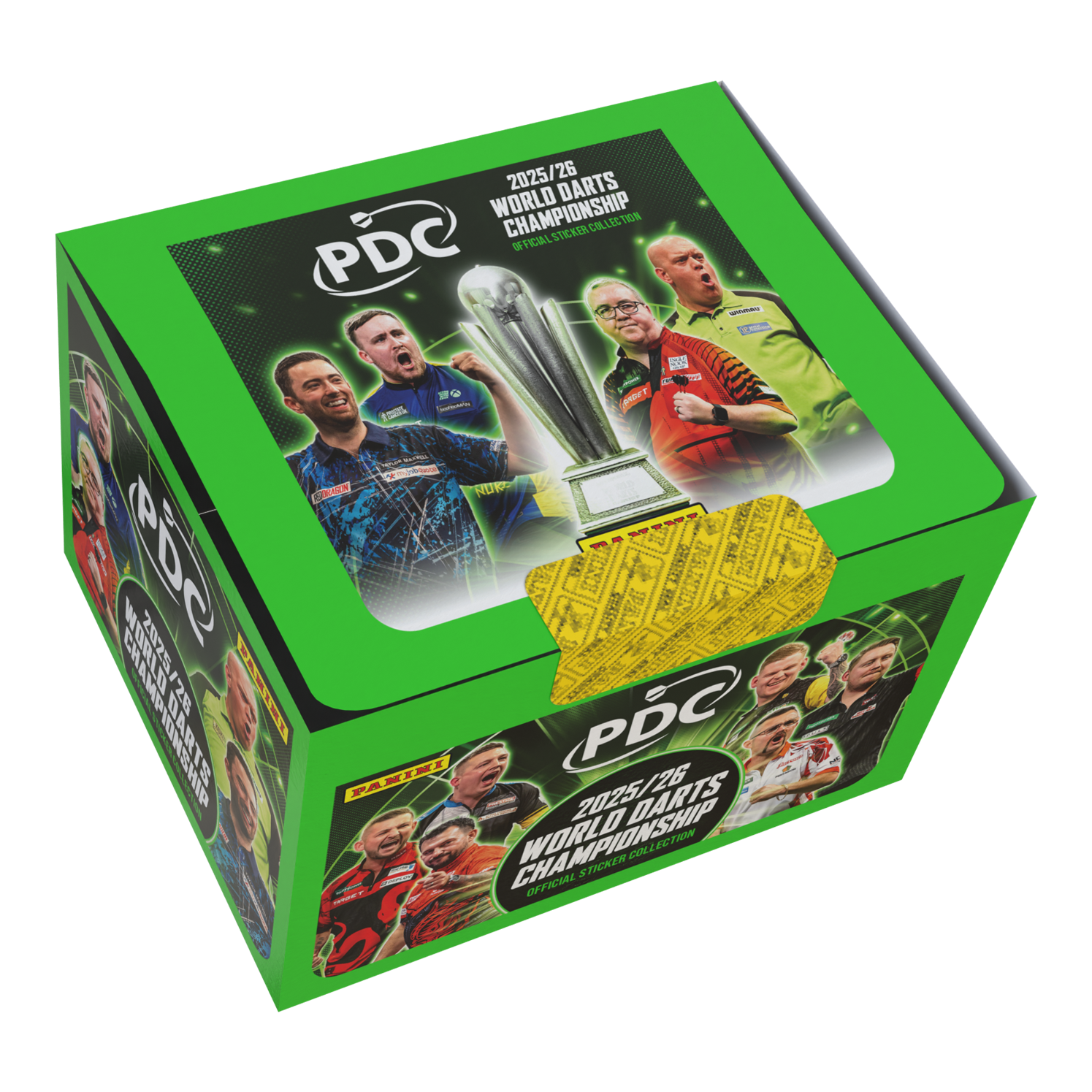 Panini PDC Championnat du monde de fléchettes 2025/26 - Boîte d'autocollants contenant 65 paquets Zu sehen ist die Panini PDC World Darts Championship 2025/26 Stickerbox mit 65 Tüten. Die Stickerbox enthält viele Tüten zum Tauschen und Kleben.