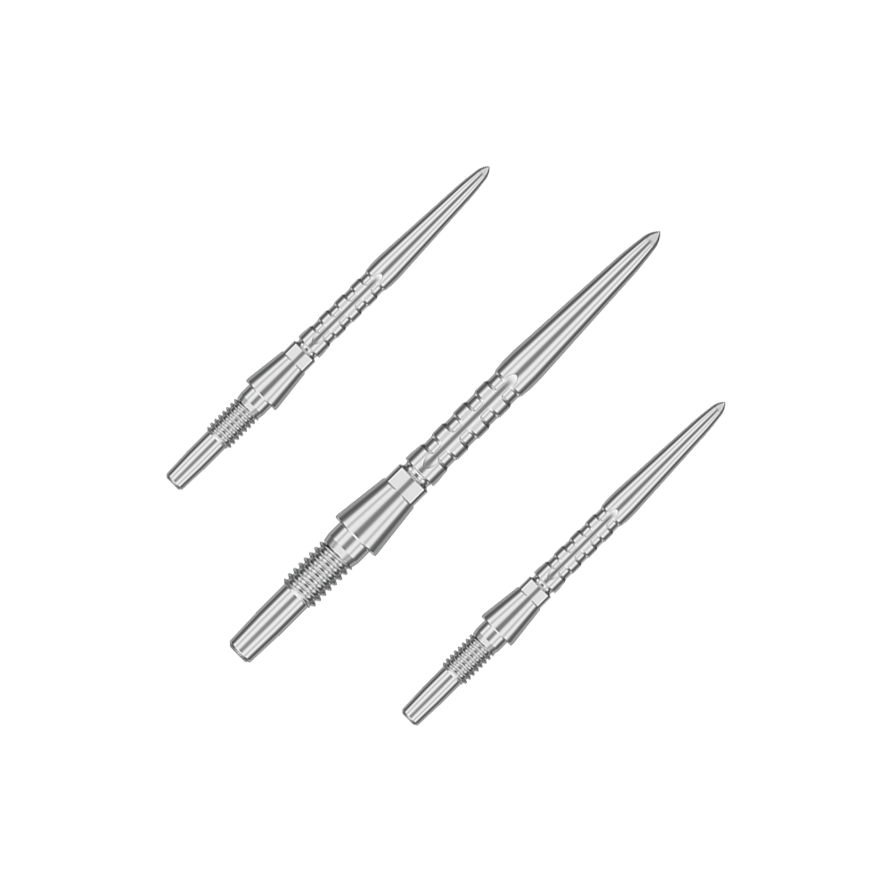 Pointes de fléchettes en acier Target Swiss Point Storm Surge - argent Auf dem Bild sind drei silberne Steeldartspitzen abgebildet. Sie sind schmal, metallisch und haben ein präzises, geriffeltes Design.