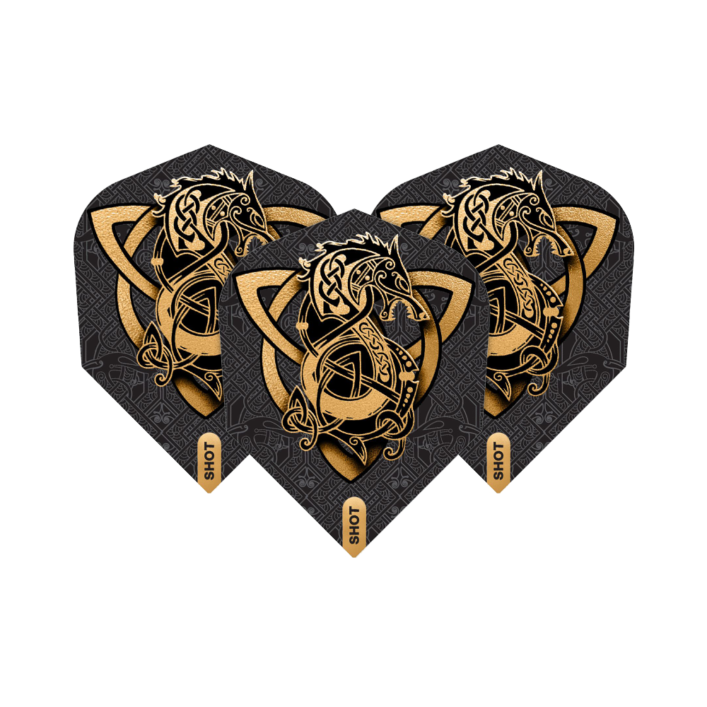 Vols Shot Viking Wolf n° 6 Das Bild zeigt drei Dartflights des Produkts "Shot Viking Wolf No6 Flights". Sie sind schwarz mit einem goldenen, wikinger-inspirierten Wolfsmotiv verziert.