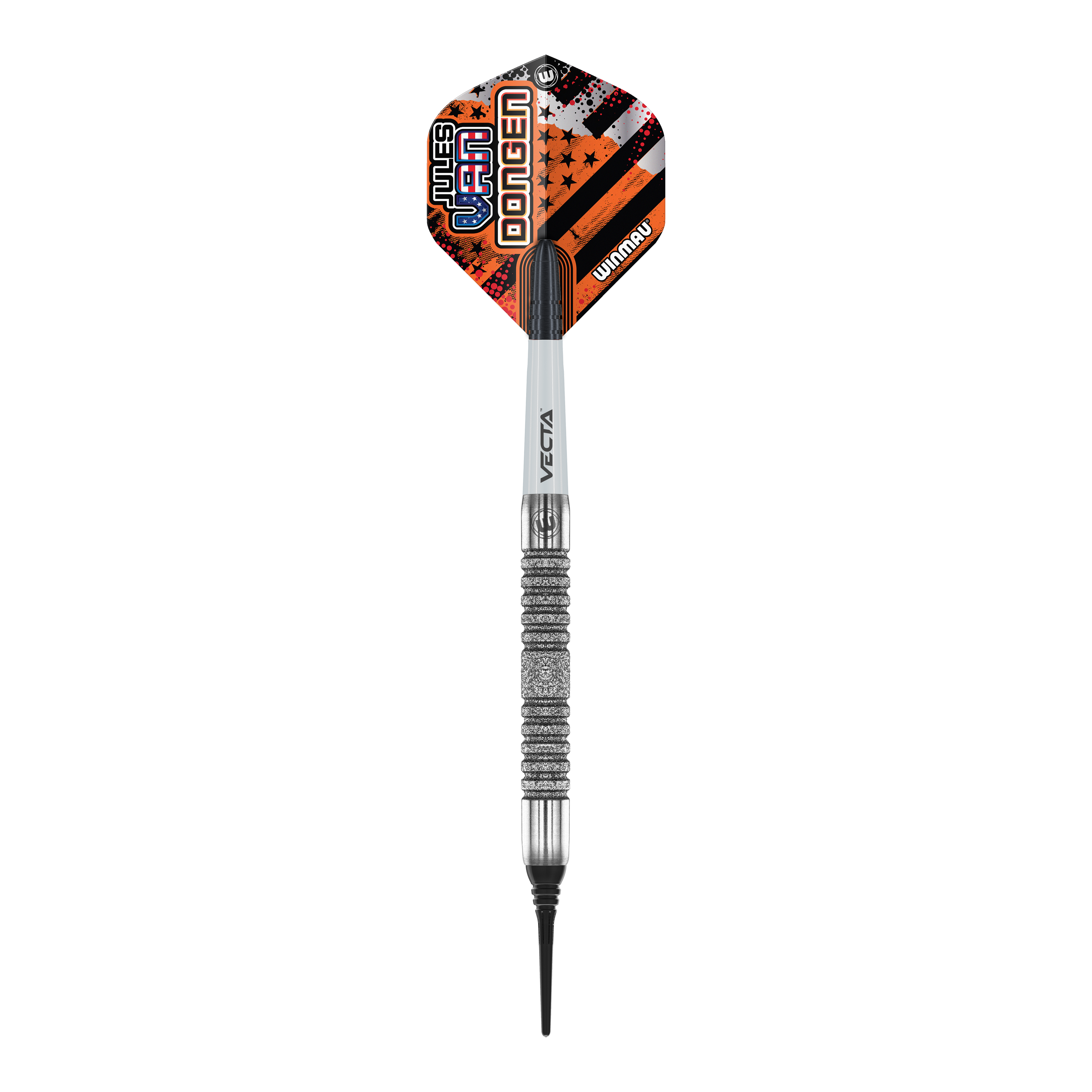 Fléchettes souples Winmau Jules Van Dongen - 20g Das Bild zeigt einen Winmau Jules Van Dongen Softdart mit einem Gewicht von 20 Gramm. Der Dartpfeil hat ein auffälliges Flight-Design in Orange, Schwarz und Weiß mit dem Namen des Spielers darauf.