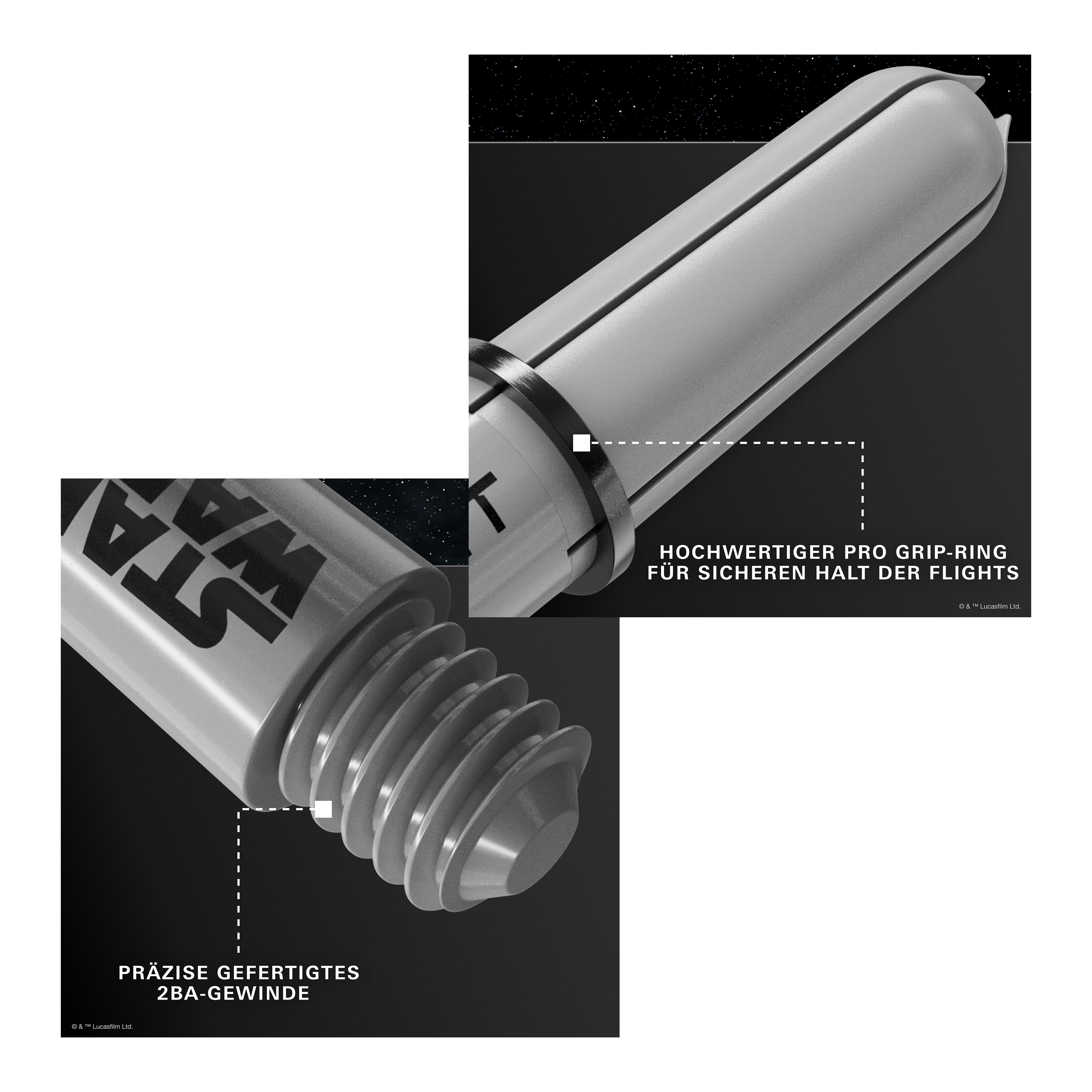 Poignées Target Star Wars ProGrip - Grises Gezeigt wird das Produkt Target Star Wars ProGrip Shafts - Grau. Die robusten Dartschäfte sind in Grau gehalten.