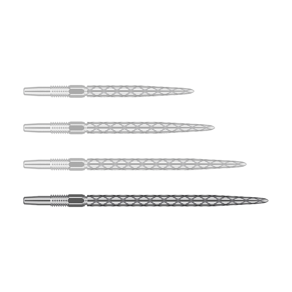 Pointes de fléchettes Target Swiss Diamond Pro Silver Points Auf dem Bild sind vier silberne Dartspitzen mit einem rautenförmigen Muster zu sehen. Sie liegen waagerecht und sind gleichmäßig angeordnet.