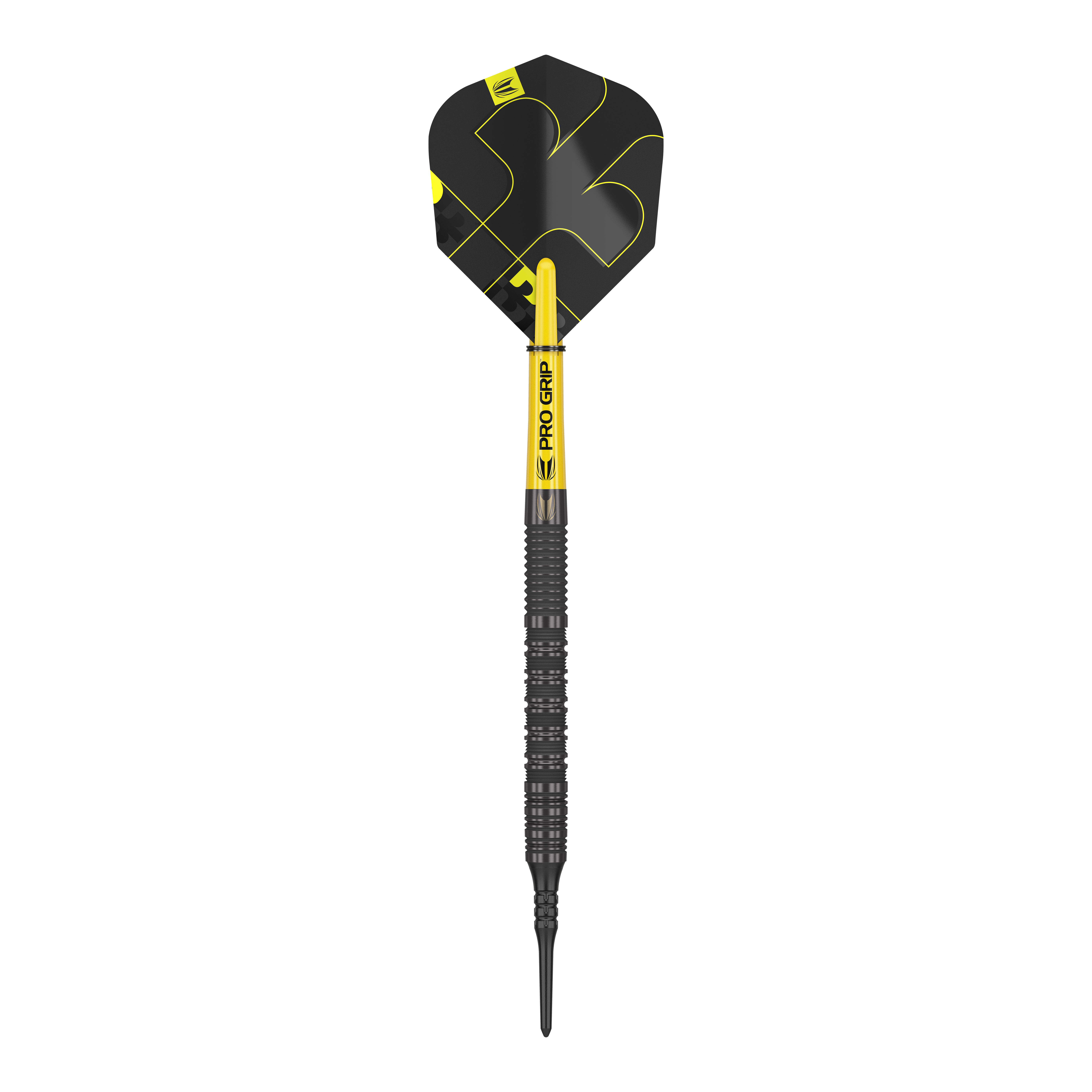 Target Bolide Void 10 fléchettes souples Das Bild zeigt einen Target Bolide Void 10 Softdartpfeil. Der Pfeil ist schwarz mit gelben Akzenten und hat einen Pro Grip Schaft.