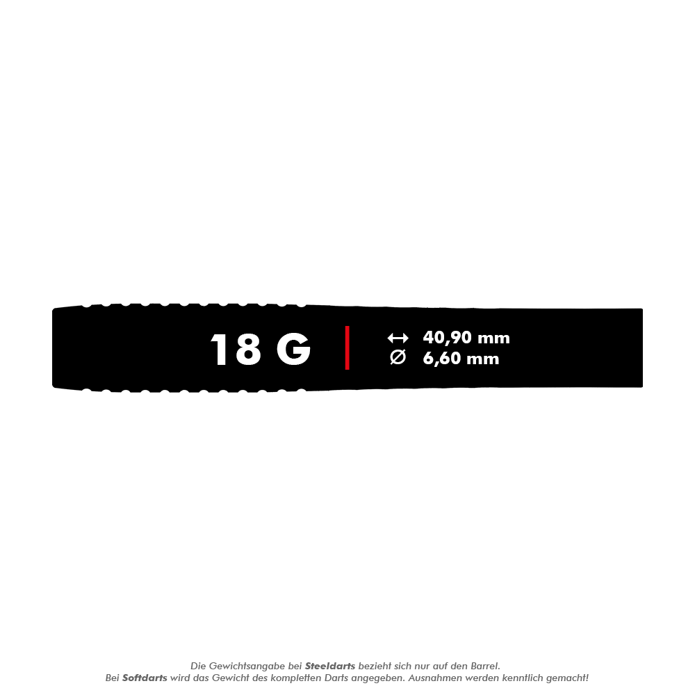 Fléchettes souples Target Stephen Bunting GEN5 - 18 g Das Bild zeigt die Produktdetails der "Target Stephen Bunting GEN5 Softdarts - 18g". Die Darts wiegen 18 Gramm, sind 40,90 mm lang und haben einen Durchmesser von 6,60 mm.