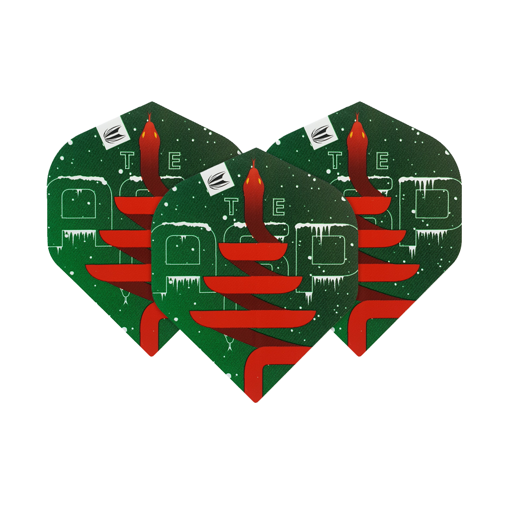 WF-2_Target_Merry_Christmas_Flights_Nathan_Aspinall_1GLyEdOe6OTql5 Das Bild zeigt drei grüne Dart-Flights mit Weihnachtsmotiv aus der "Target Merry Christmas Flights Nathan Aspinall" Serie. Auf den Flights ist eine rote Kerze mit Schneeverzierung und festlichen Elementen abgebildet.