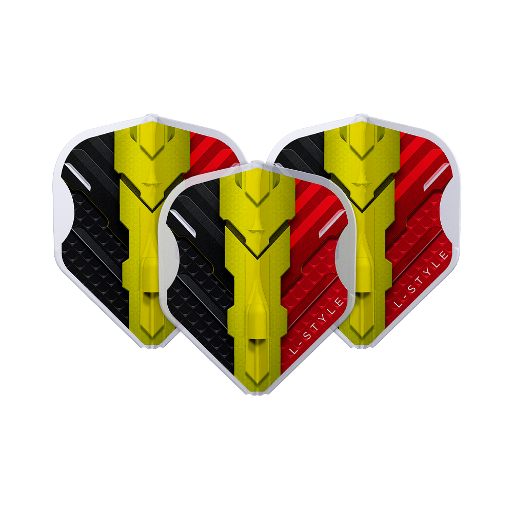 Vols L-Style V-Series V1 Type C Belgique Blanc Transparent L1EZ Das Bild zeigt drei Dart-Flights des Modells "L-Style V-Series V1 Type C Belgium Clear White L1EZ Flights". Die Flights sind in den Farben Schwarz, Gelb und Rot gestaltet und zeigen ein modernes Design.