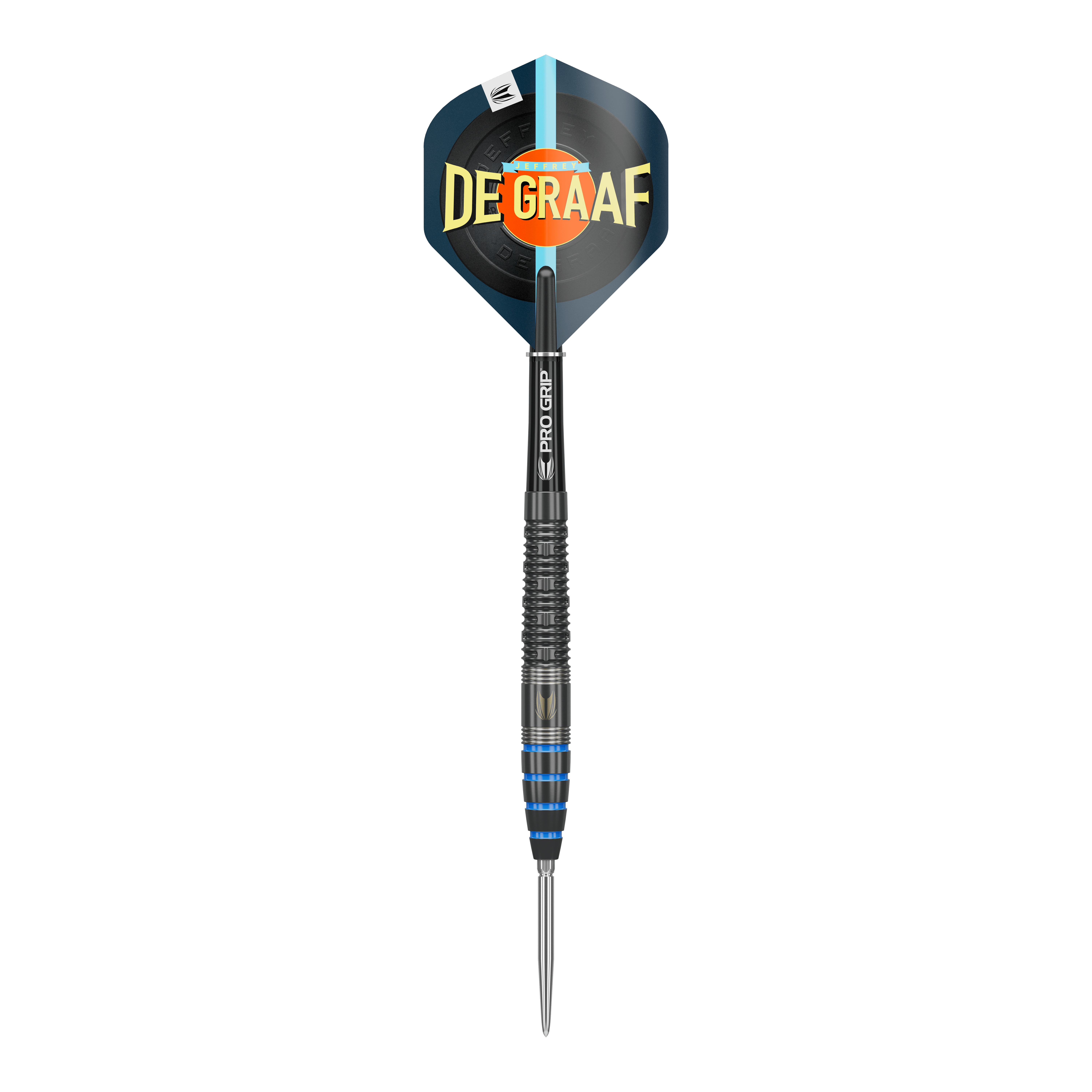 Target Jeffrey De Graaf GEN1 Swiss Point Steeldarts - 23g Das Bild zeigt einen Target Jeffrey De Graaf GEN1 Swiss Point Steeldart mit 23g Gewicht. Der Dart hat einen schwarzen Schaft und blaue Akzente am Griff, auf dem Flight steht "DE GRAAF".