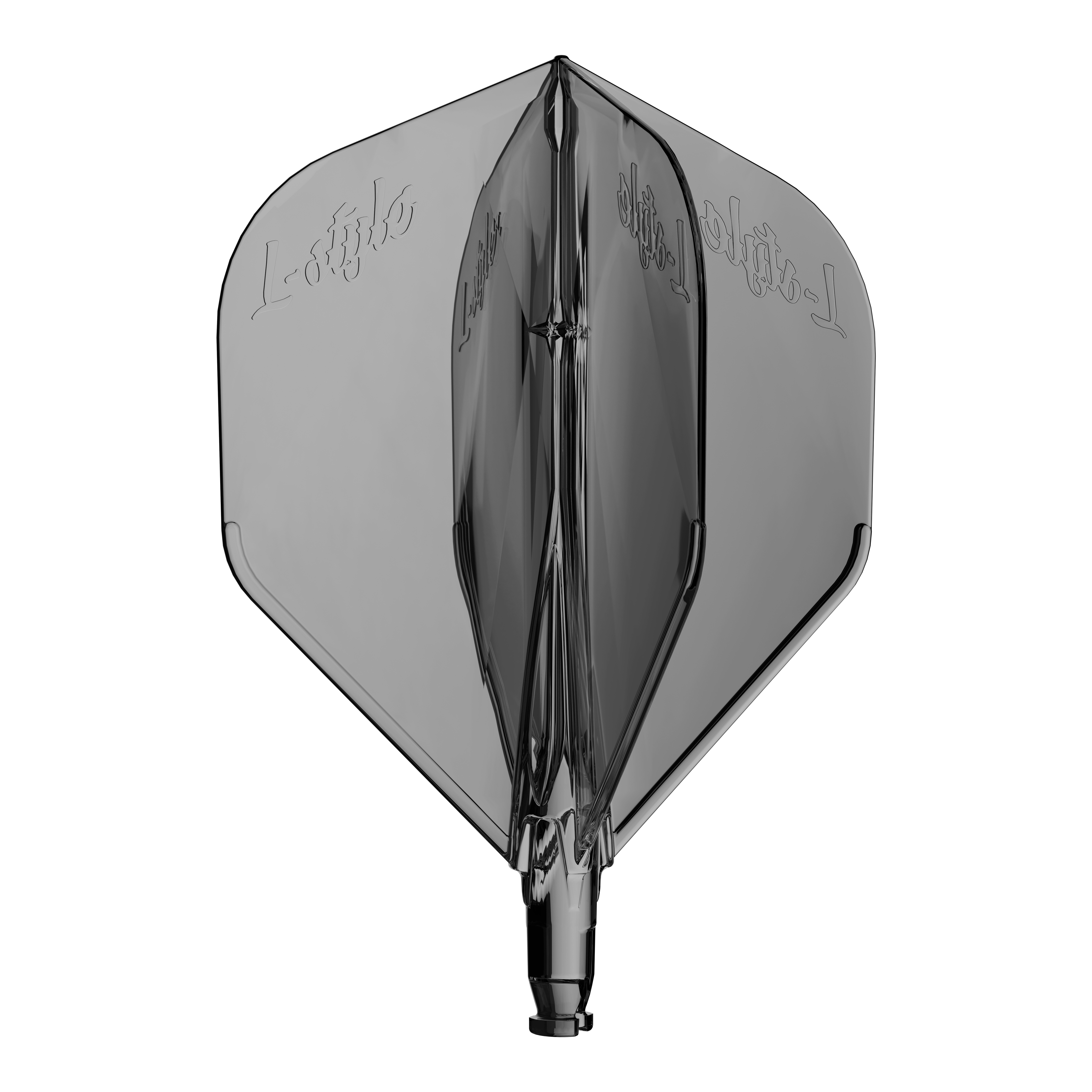 Vol de remplacement L-L-Style-System L1 Abgebildet ist ein durchsichtiger Ersatzflight für Dartpfeile in Schwarz. Die Oberfläche ist glänzend.