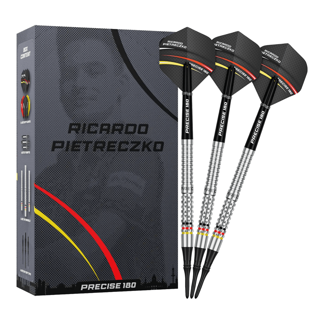 Fléchettes souples Precise 180 Ricardo Pietreczko GEN1 Gezeigt werden die Precise 180 Ricardo Pietreczko GEN1 Softdarts. Diese Softdarts zeichnen sich durch ihre Präzision aus.