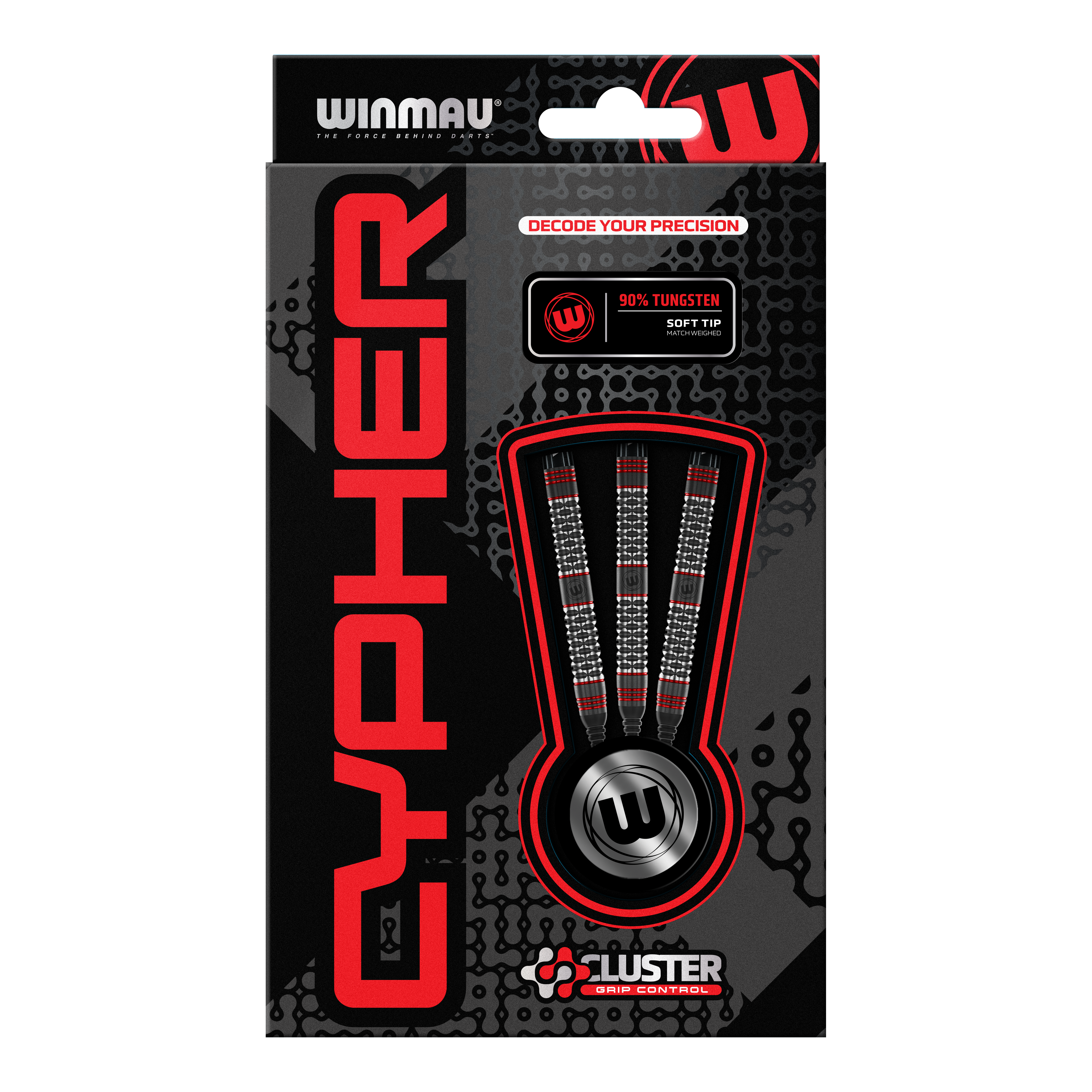Fléchettes souples Winmau Cypher - 20 g Die Abbildung zeigt die Verpackung der Winmau Cypher Softdarts mit 20 Gramm Gewicht. Die Darts bestehen zu 90% aus Wolfram und verfügen über spezielle Griffkontrolle.