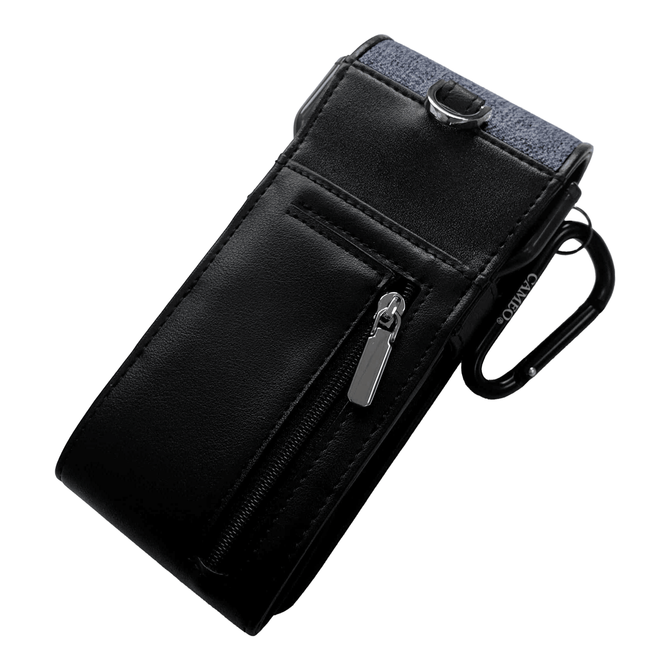 Étui à fléchettes Cameo Thread Dies ist ein schwarzes Etui mit einem Reißverschlussfach auf der Vorderseite. Oben hat es einen blauen Stoffabschnitt und einen Metallclip zur Befestigung.