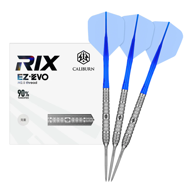 Fléchettes en acier Caliburn Rix EZ-EVO R4 Das Foto zeigt die Caliburn Rix EZ-EVO R4 Steeldarts in voller Ansicht. Die Darts sind modern gestaltet und für professionelle Spieler geeignet.