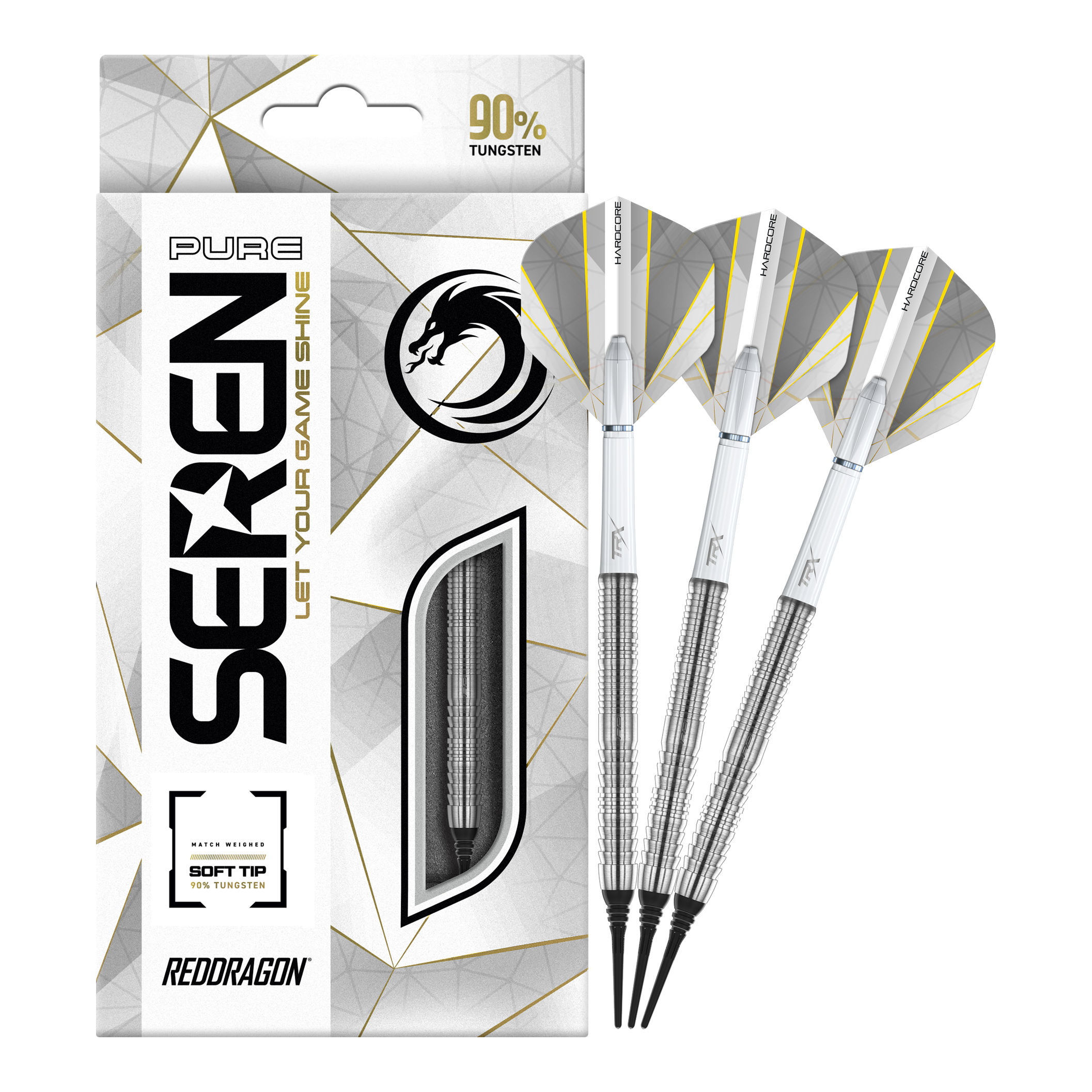Fléchettes souples Red Dragon Seren 1 Pure - 20 g Die Abbildung zeigt die "Red Dragon Seren 1 Pure Softdarts - 20g" mit drei silbernen Softdarts. Die Verpackung hebt hervor, dass die Darts zu 90 % aus Tungsten bestehen.