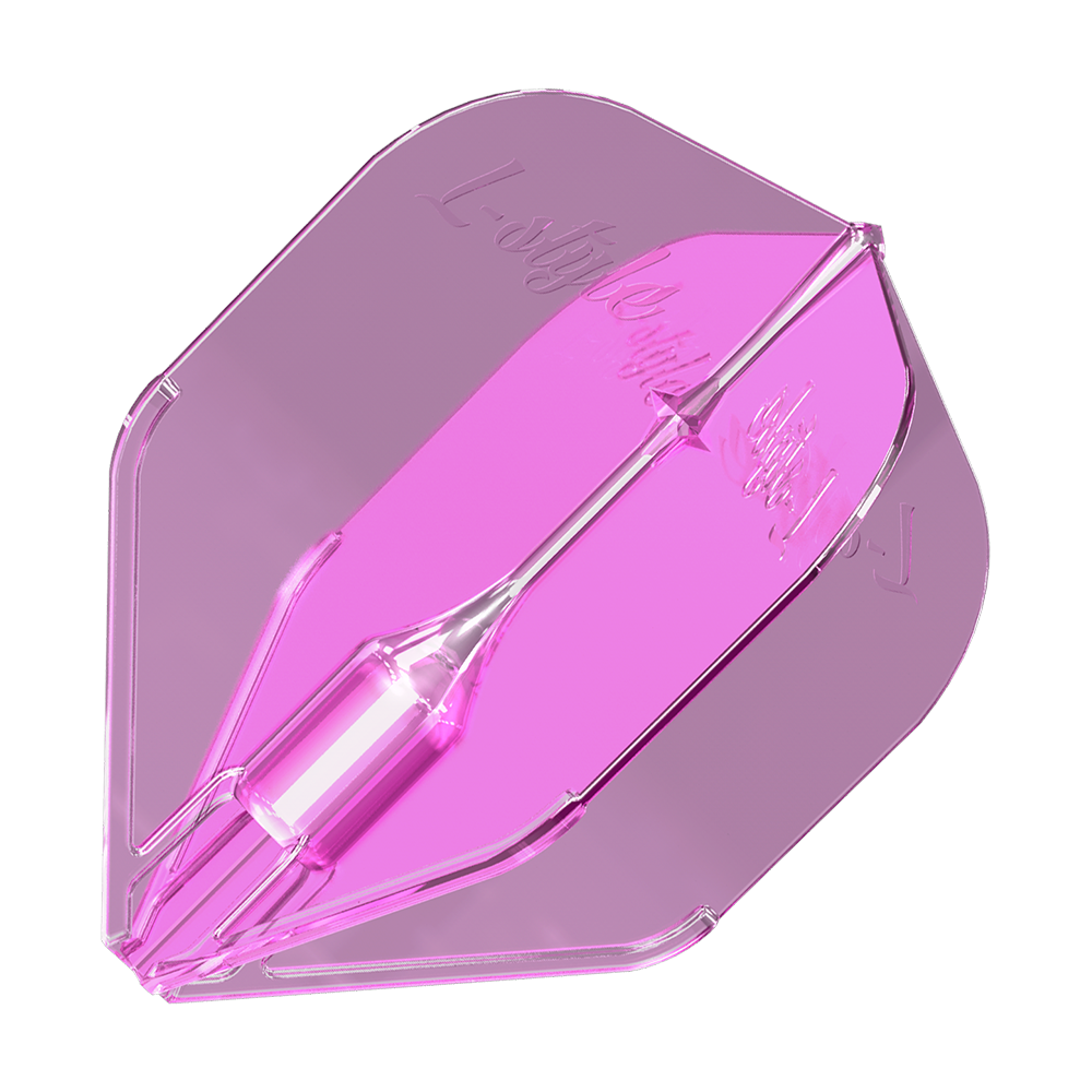 Volets L-Style Fantom L3EZ rose transparent Das Bild zeigt ein durchsichtiges, pinkes Dart-Flight mit der Aufschrift „L-style“. Es handelt sich um das Produkt „L-Style Fantom L3EZ Flights Clear Pink“.