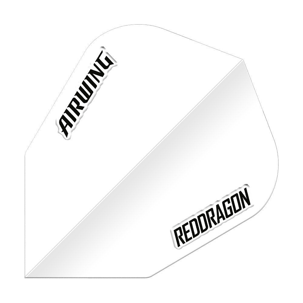Vols Red Dragon Airwing White V-Standard Das Bild zeigt das Produkt "Red Dragon Airwing White V-Standard Flights". Es handelt sich um einen weißen Dartflight mit den Aufdrucken "AIRWING" und "REDDRAGON".