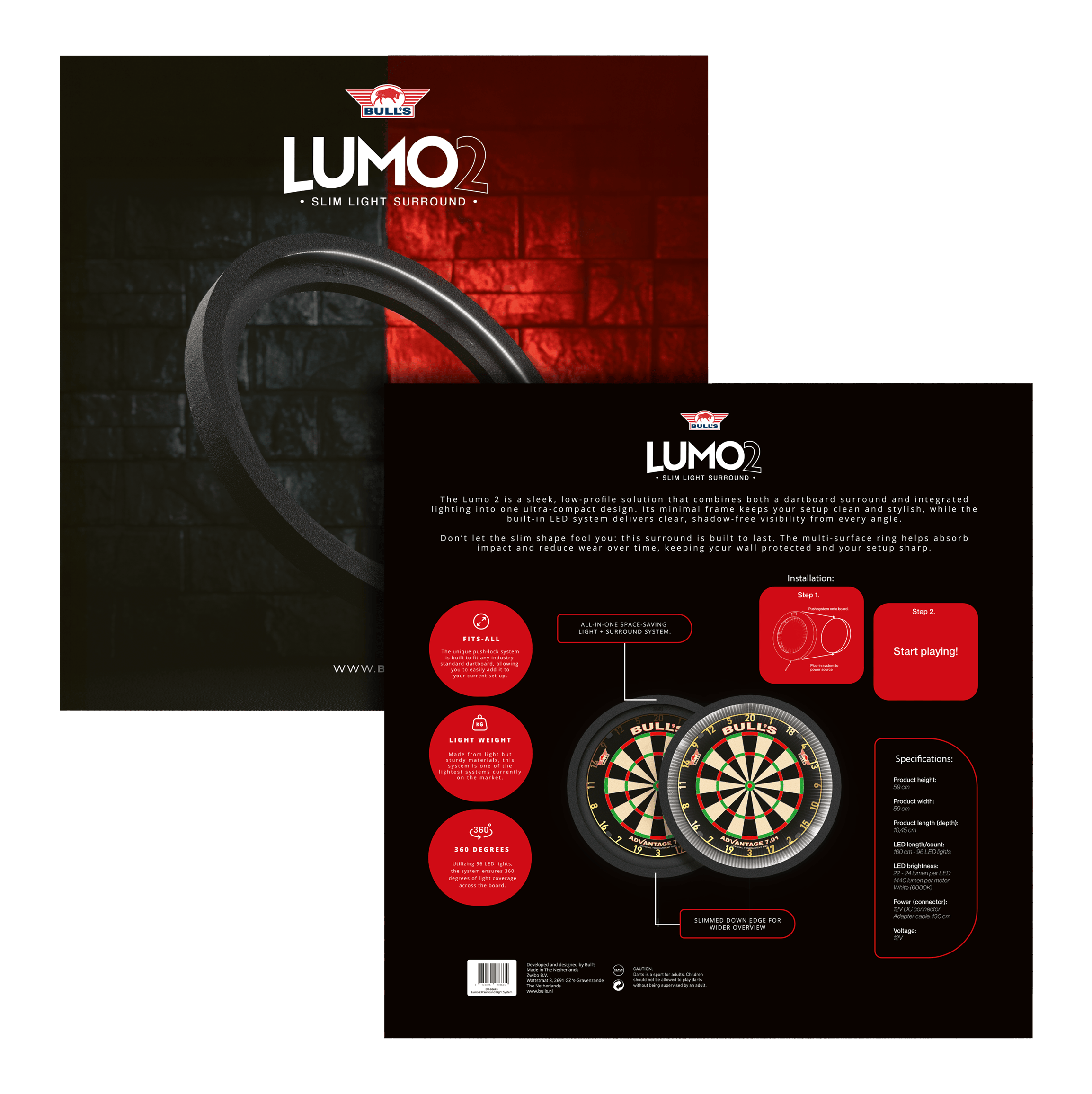 Système d'éclairage d'ambiance Bulls NL Lumo 2 Das Bild zeigt das Produkt "Bulls NL Lumo 2 Light Surround Beleuchtungssystem" für Dartscheiben. Es kombiniert ein schlankes, rundes LED-Lichtsystem mit einem schützenden Surround für bessere Sicht und Schutz beim Dartspielen.