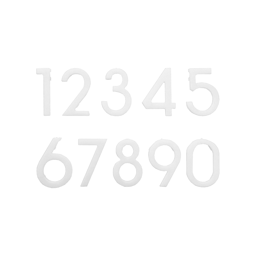 Numéros de remplacement pour cible McDart Das Bild zeigt weiße Ersatznummern von 0 bis 9 für eine Dartscheibe. Die Zahlen sind nebeneinander in zwei Reihen angeordnet.