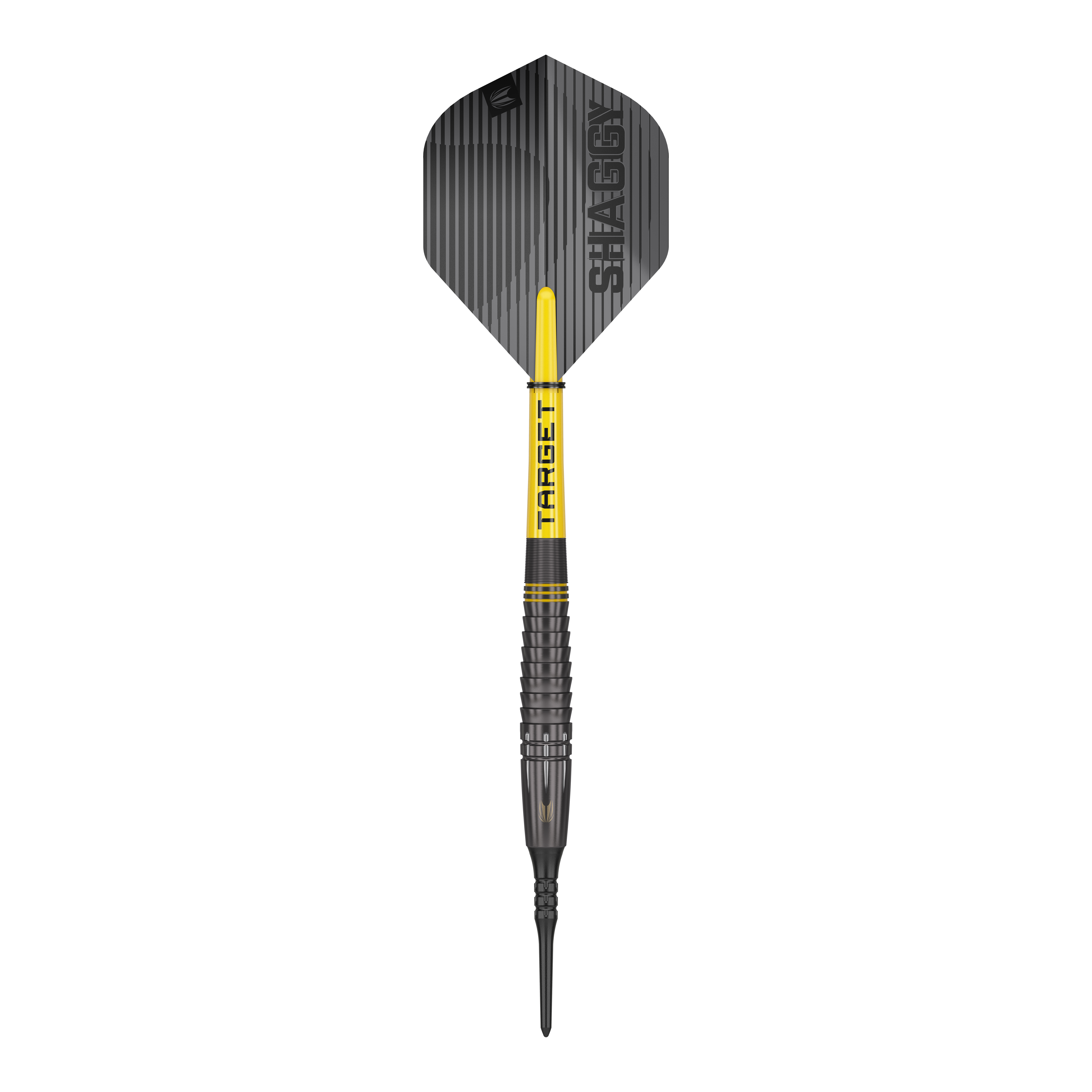 Fléchettes souples noires Target Scott Williams Shaggy - 20 g Dies ist ein Softdart namens "Target Scott Williams Shaggy Black Softdarts - 20g". Der Dart ist überwiegend schwarz mit gelben Akzenten und hat den Schriftzug "SHAGGY" auf der Flight.