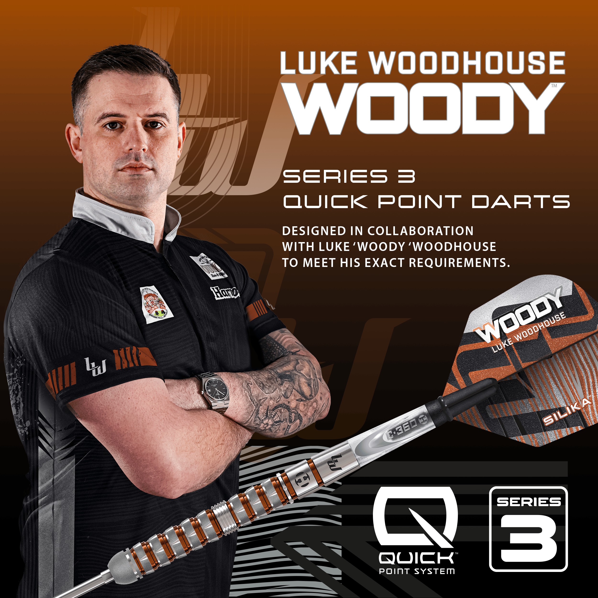 Fléchettes en acier à pointe rapide Luke Woodhouse série 3 de Harrow Auf dem Bild befindet sich Harrows Luke Woodhouse Series 3 Quick Point Steeldarts. Es handelt sich um eine hochwertige Steeldart-Serie.
