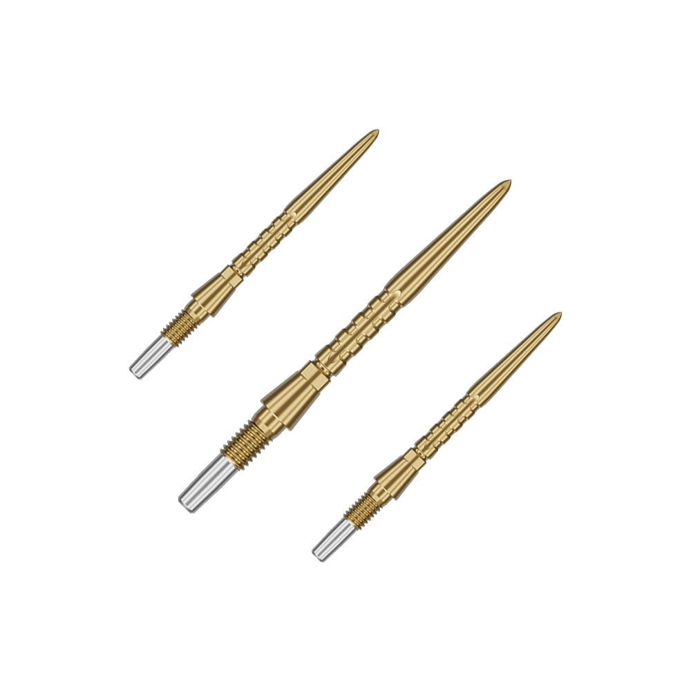 Pointes de fléchettes en acier Target Swiss Point Storm Surge - or Auf dem Bild sind drei goldene Steeldartspitzen zu sehen. Sie haben ein schlankes, geriffeltes Design mit einem silbernen Schraubgewinde am Ende.