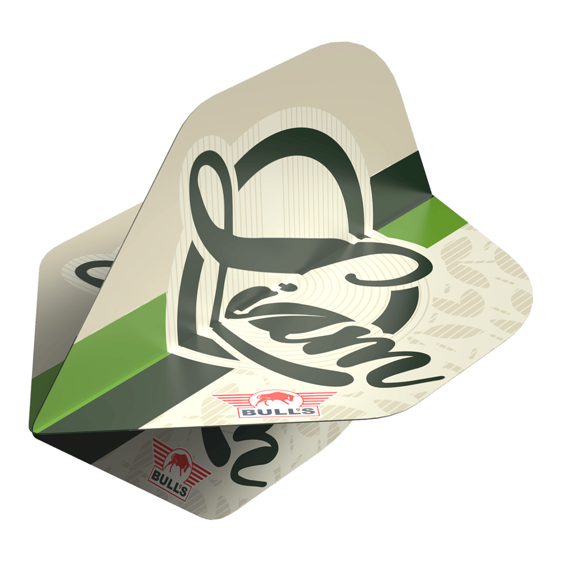 Bulls NL Joueur 100 Liam Maendl Lawrance No2 Vols Standard Das Bild zeigt ein Dart-Flights-Set mit dem Namen "Bulls NL Player 100 Liam Maendl Lawrance No2 Standard Flights". Die Flights sind beige mit grünen und schwarzen Akzenten und tragen das Bulls-Logo sowie den Schriftzug "Liam".