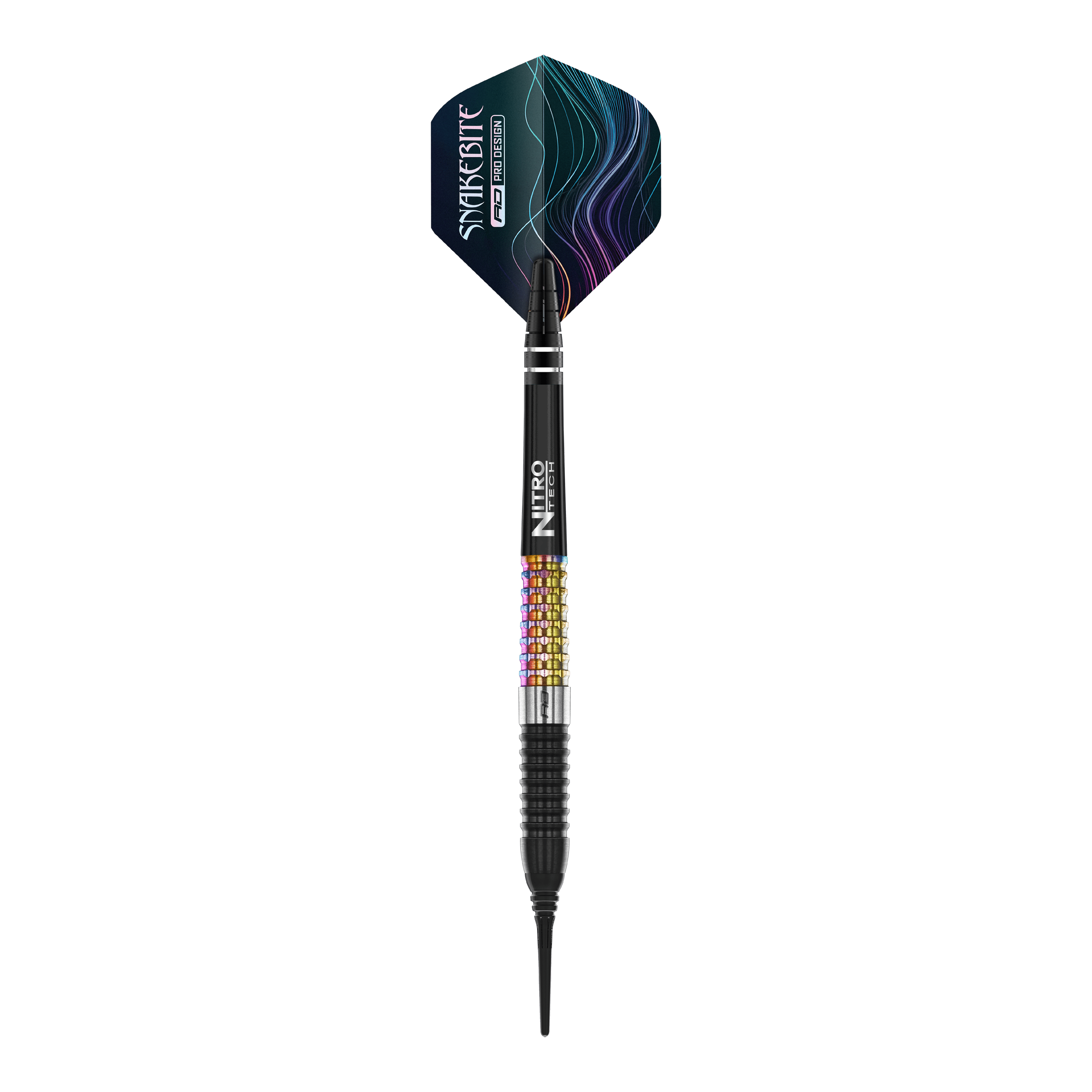 Fléchettes souples Red Dragon Peter Wright Corra - 18 g Das Bild zeigt einen Red Dragon Peter Wright Corra Softdart mit einem Gewicht von 18 Gramm. Der Dart hat bunte Griffbereiche und einen schwarz-blauen Flight mit dem Aufdruck "Snakesbite".