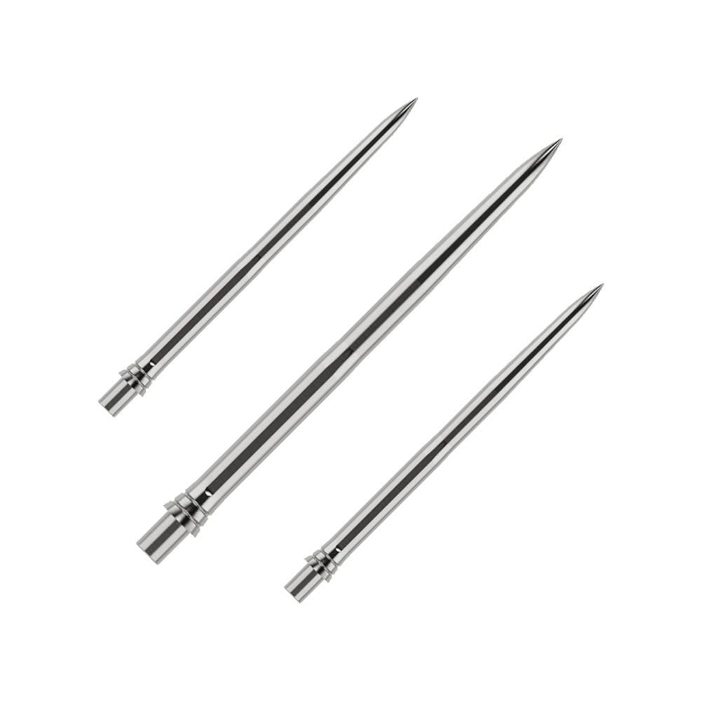 Pointes de fléchettes Caliburn EVO - Lisses - Argent Auf dem Bild sind silberne Dartspitzen in einem Set zu sehen, jeweils 32mm lang. Die Oberfläche der Spitzen ist glatt und sie werden zusammen präsentiert.